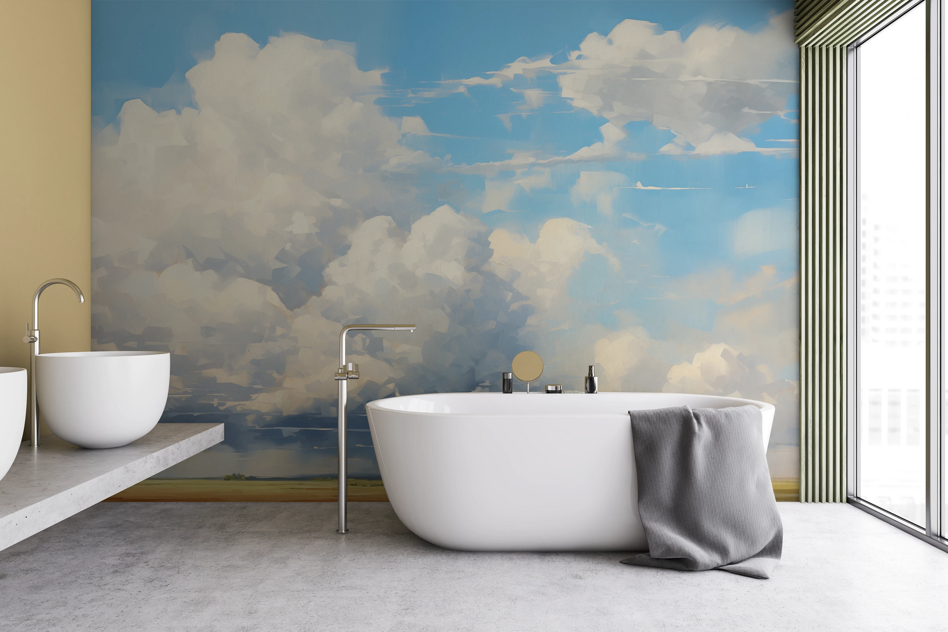 Zdjęcie prezentuje aranżację wnętrza z użyciem fototapety o nazwie Ethereal Fields pokazanej w aranżacji wnętrza.