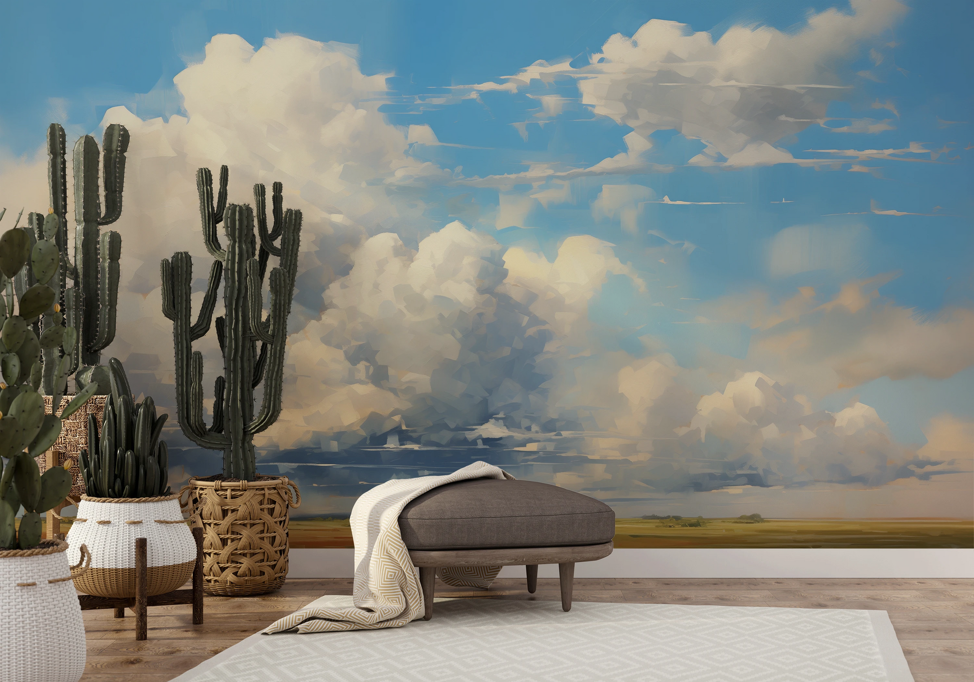 Wzór fototapety malowanej o nazwie Ethereal Fields pokazanej w aranżacji wnętrza.