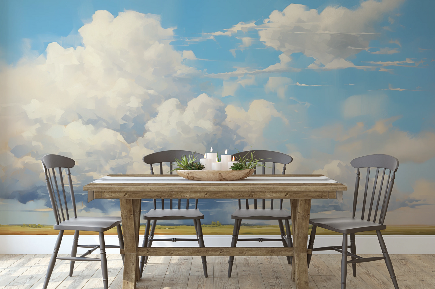 Wzór fototapety artystycznej o nazwie Ethereal Fields pokazanej w aranżacji wnętrza.