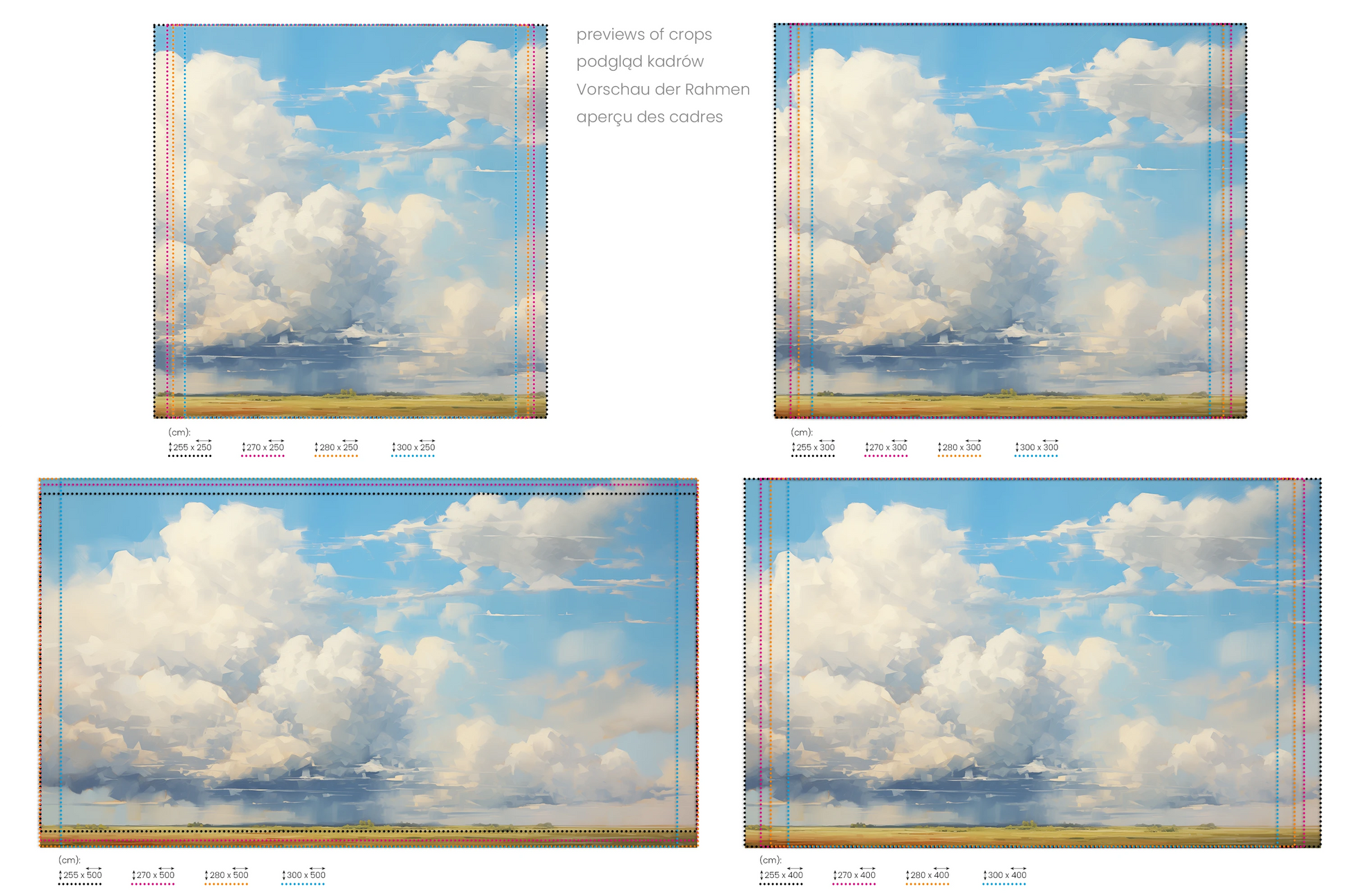 Na obrazie znajduje się prezentacja przykładowych rozmiarów fototapety o nazwie Ethereal Fields. Rozmiar fototapety jest dowolny.