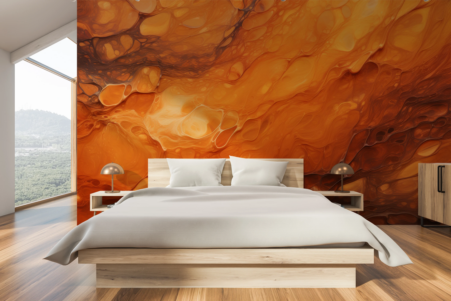 Wzór fototapety malowanej o nazwie Mercurial Craters pokazanej w aranżacji wnętrza.