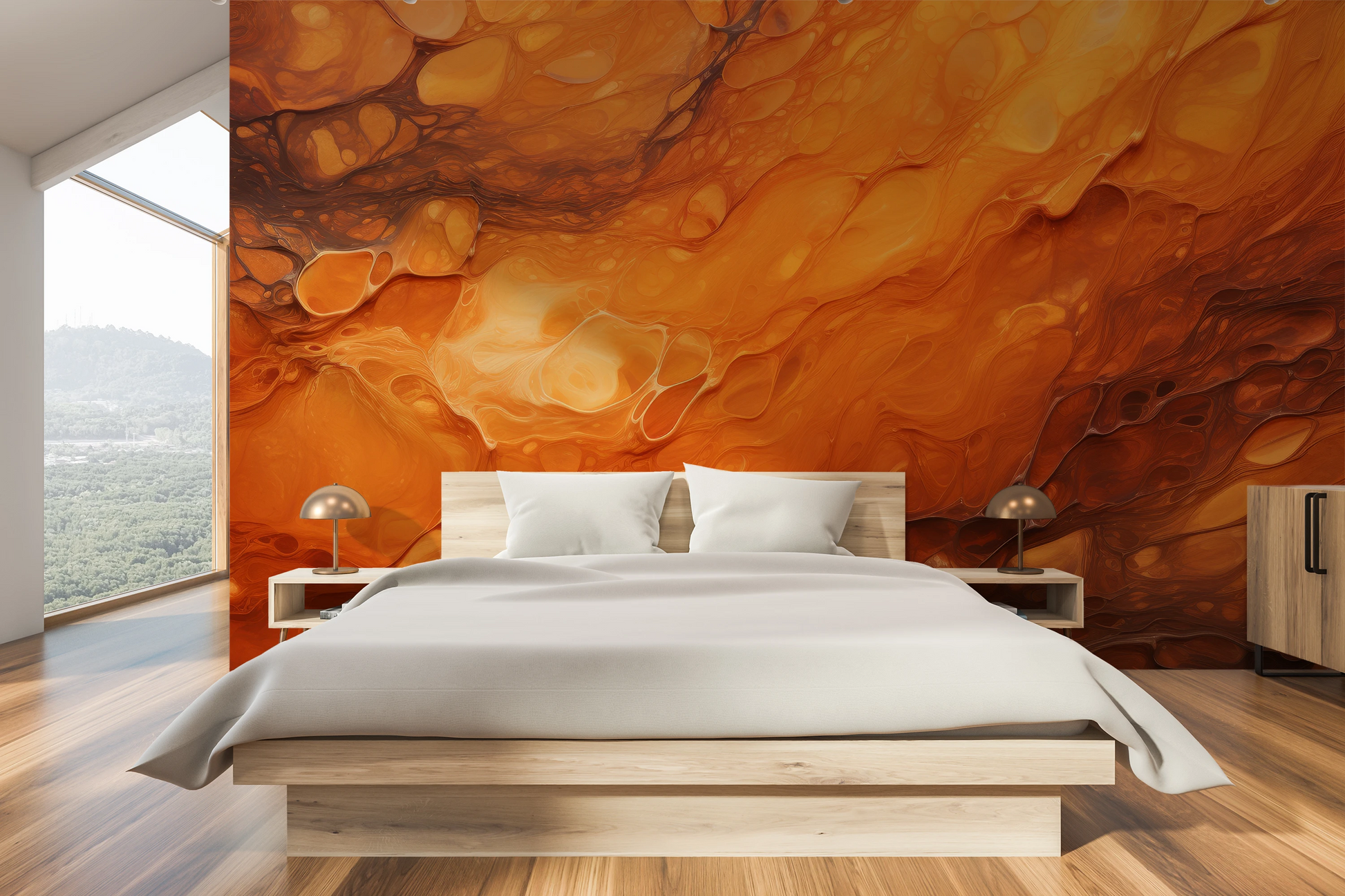 Wzór fototapety malowanej o nazwie Mercurial Craters pokazanej w aranżacji wnętrza.