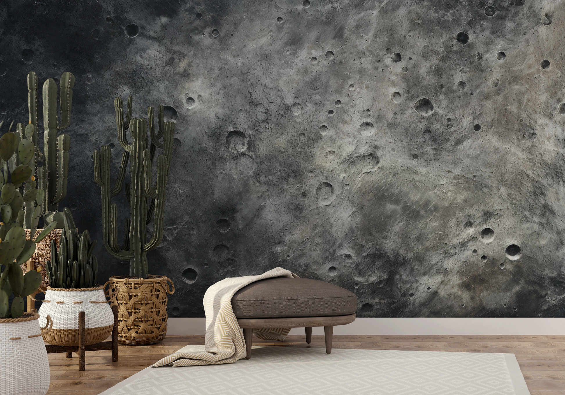 Zdjęcie prezentuje aranżację wnętrza z użyciem fototapety o nazwie Lunar Desert pokazanej w aranżacji wnętrza.