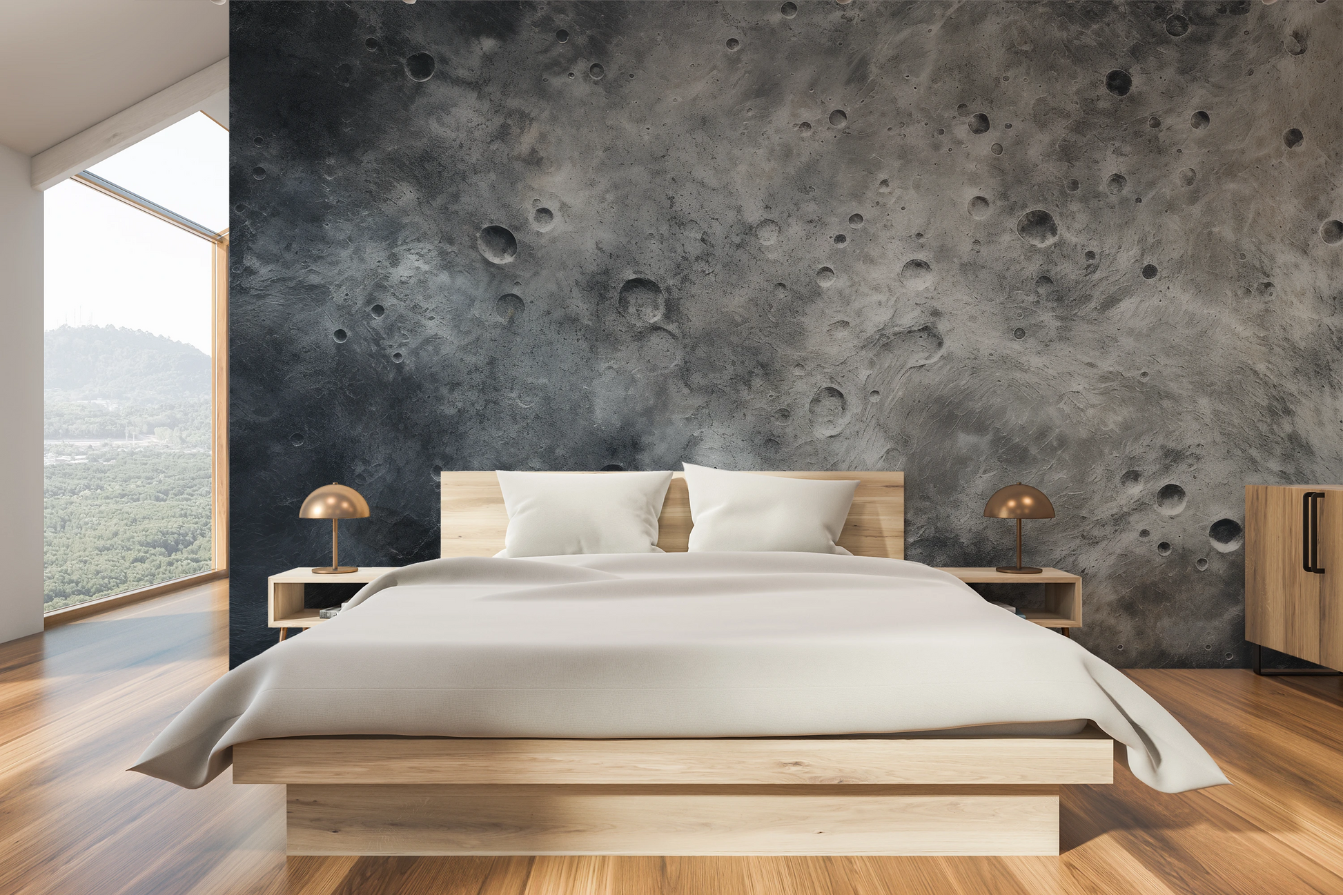 Wzór fototapety o nazwie Lunar Desert pokazanej w kontekście pomieszczenia.