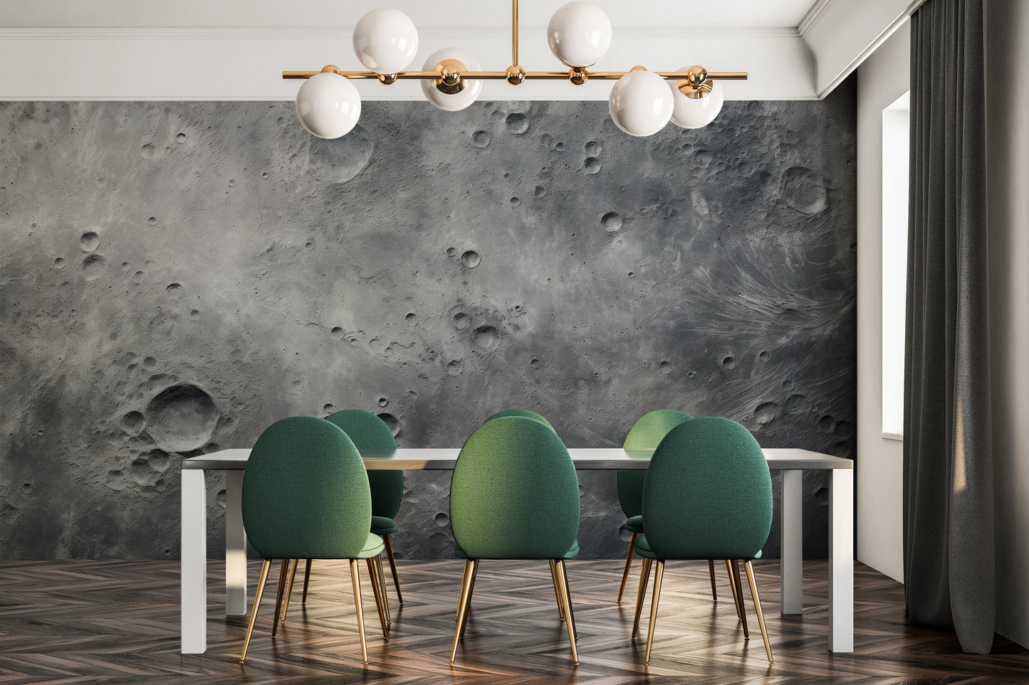 Wzór fototapety artystycznej o nazwie Lunar Surface pokazanej w aranżacji wnętrza.