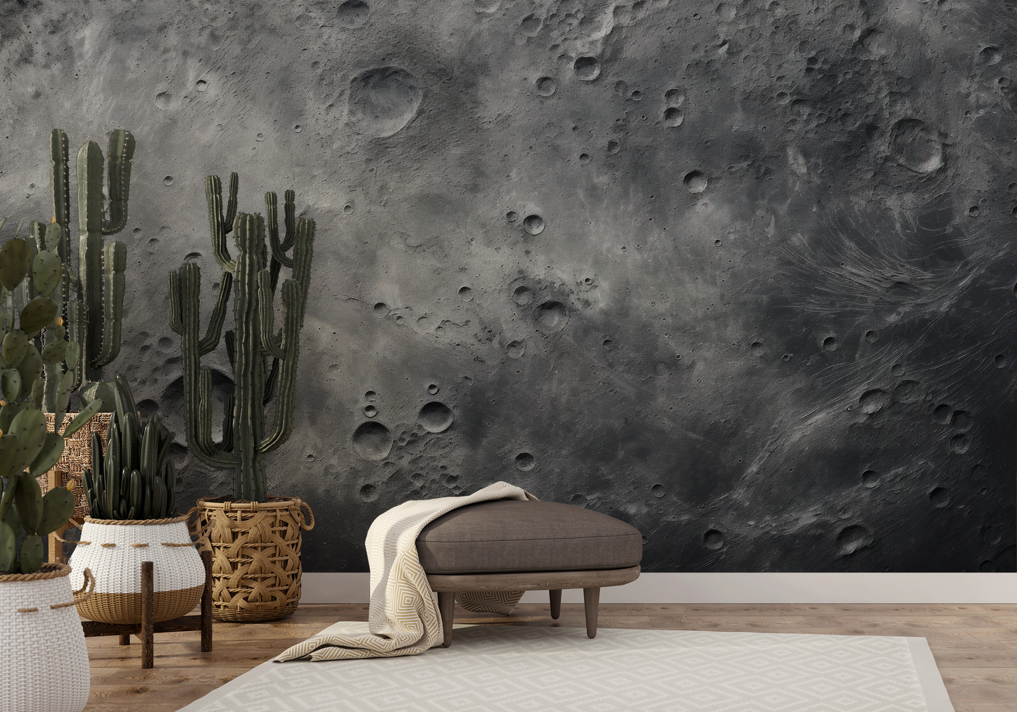Wzór fototapety o nazwie Lunar Surface pokazanej w kontekście pomieszczenia.