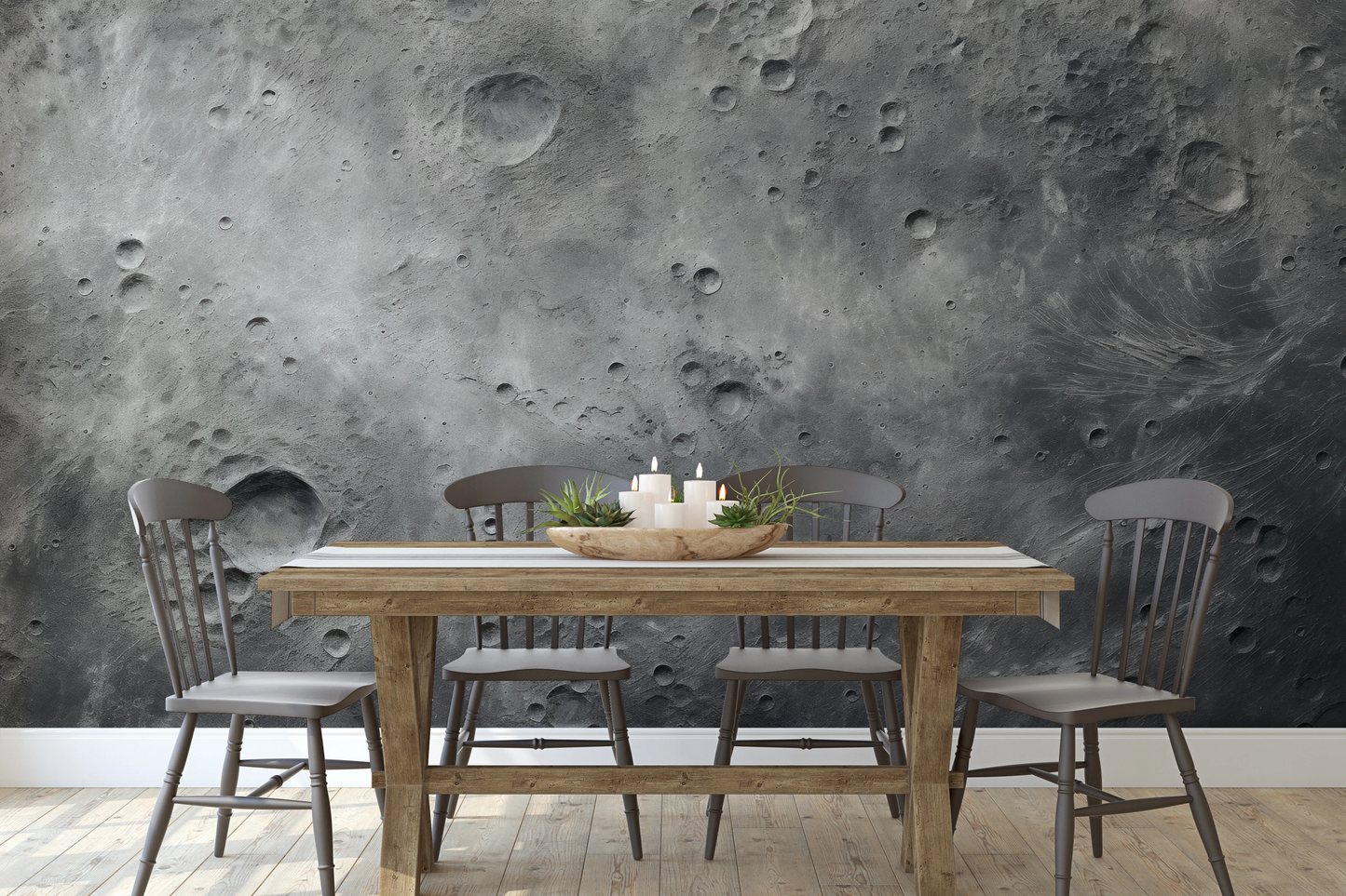 Wzór fototapety malowanej o nazwie Lunar Surface pokazanej w aranżacji wnętrza.