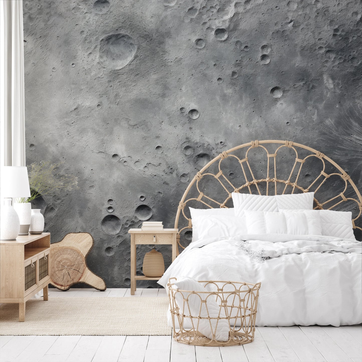 Zdjęcie prezentuje aranżację wnętrza z użyciem fototapety o nazwie Lunar Surface pokazanej w aranżacji wnętrza.