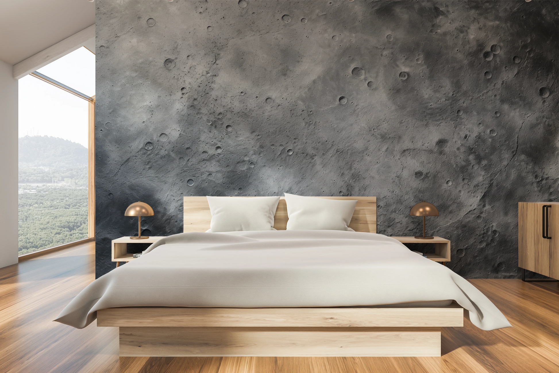 Wzór fototapety artystycznej o nazwie Serene Nebula pokazanej w aranżacji wnętrza.