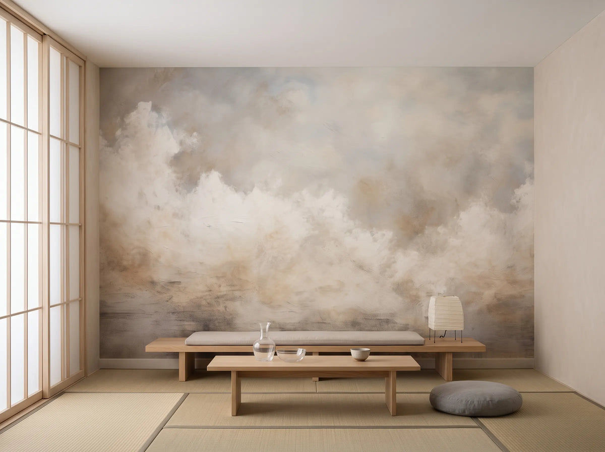 ETHEREAL CLOUDSCAPE SERENITY - minimalistyczna tapeta abstrakcyjna z betonem i delikatną mgłą