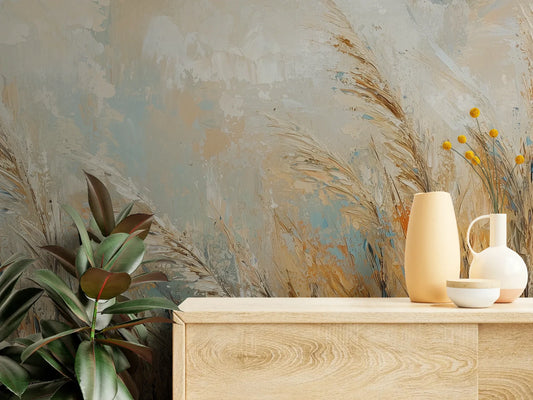 Fototapeta WINDBOUND POETRY - tapeta z tańczącymi trawami na tle nieba pokazana w aranżacji wnętrza z akcentem na ścianie.