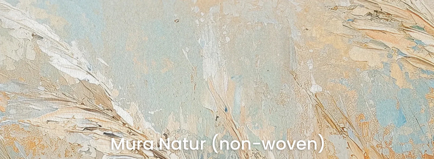Zbliżenie na fototapetę PRAIRIE DANCE - tapeta z tańczącymi trawami o wschodzie słońca na naturalnym podłożu ekologicznym.