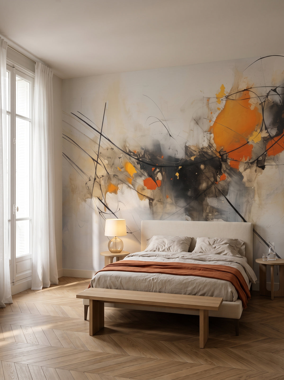 Fototapeta artystyczna o nazwie Autumn Whispers #2 w aranżacji wnętrza: sypialnia w paryskim apartamencie.