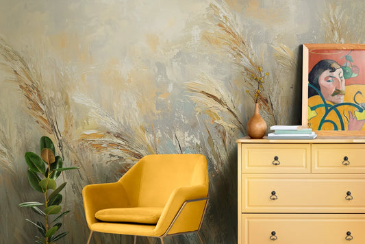 Wzór fototapety HARVEST GLOW - tapeta z abstrakcyjnym malarstwem zbóż pokazanej w aranżacji salonu.