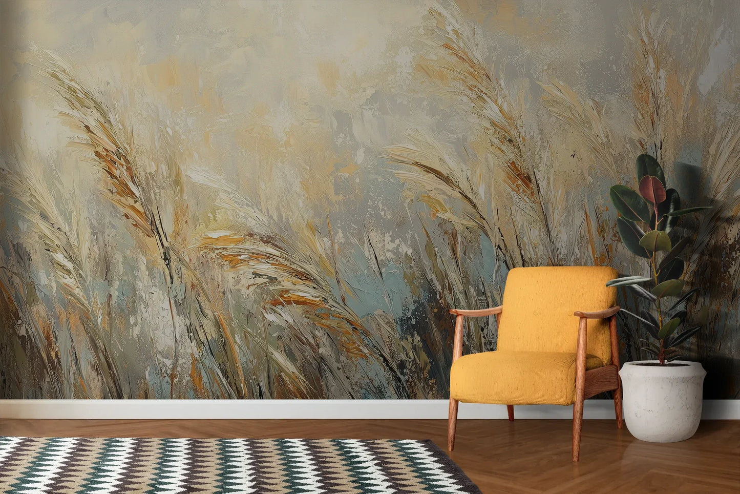 Wzór fototapety GOLDEN WALTZ - tapeta z falującymi źdźbłami traw w ciepłych odcieniach beżu pokazanej w aranżacji salonu.