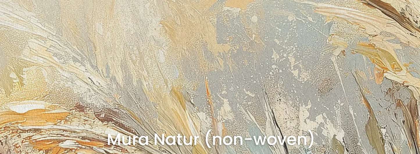 Zbliżenie na fototapetę GOLDEN WALTZ - tapeta z falującymi źdźbłami traw w ciepłych odcieniach beżu na naturalnym podłożu ekologicznym.