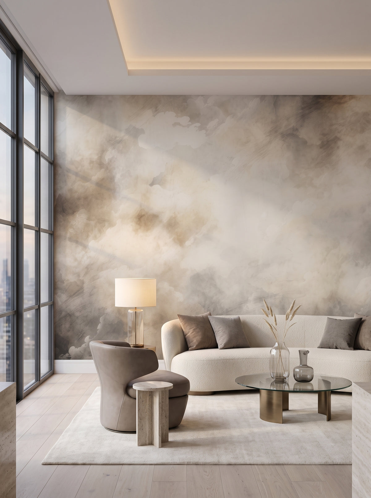 Fototapeta artystyczna o nazwie SMOKE WHIRLS w aranżacji wnętrza: salon w penthousie na Manhattanie o zmierzchu.