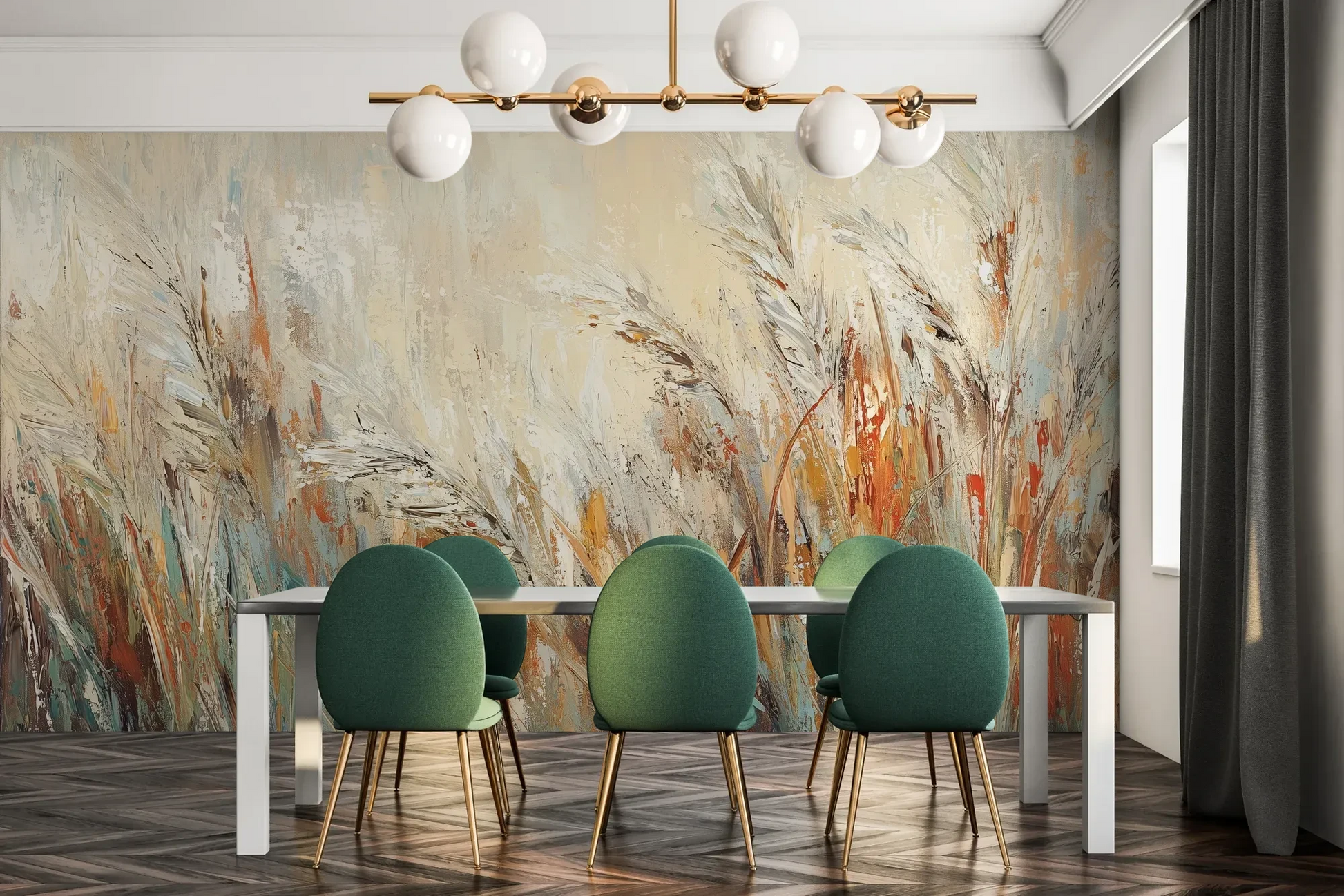 Fototapeta RUSTIC BALLET - tapeta z artystyczną abstrakcją traw w ciepłych odcieniach pokazana w aranżacji jadalni.