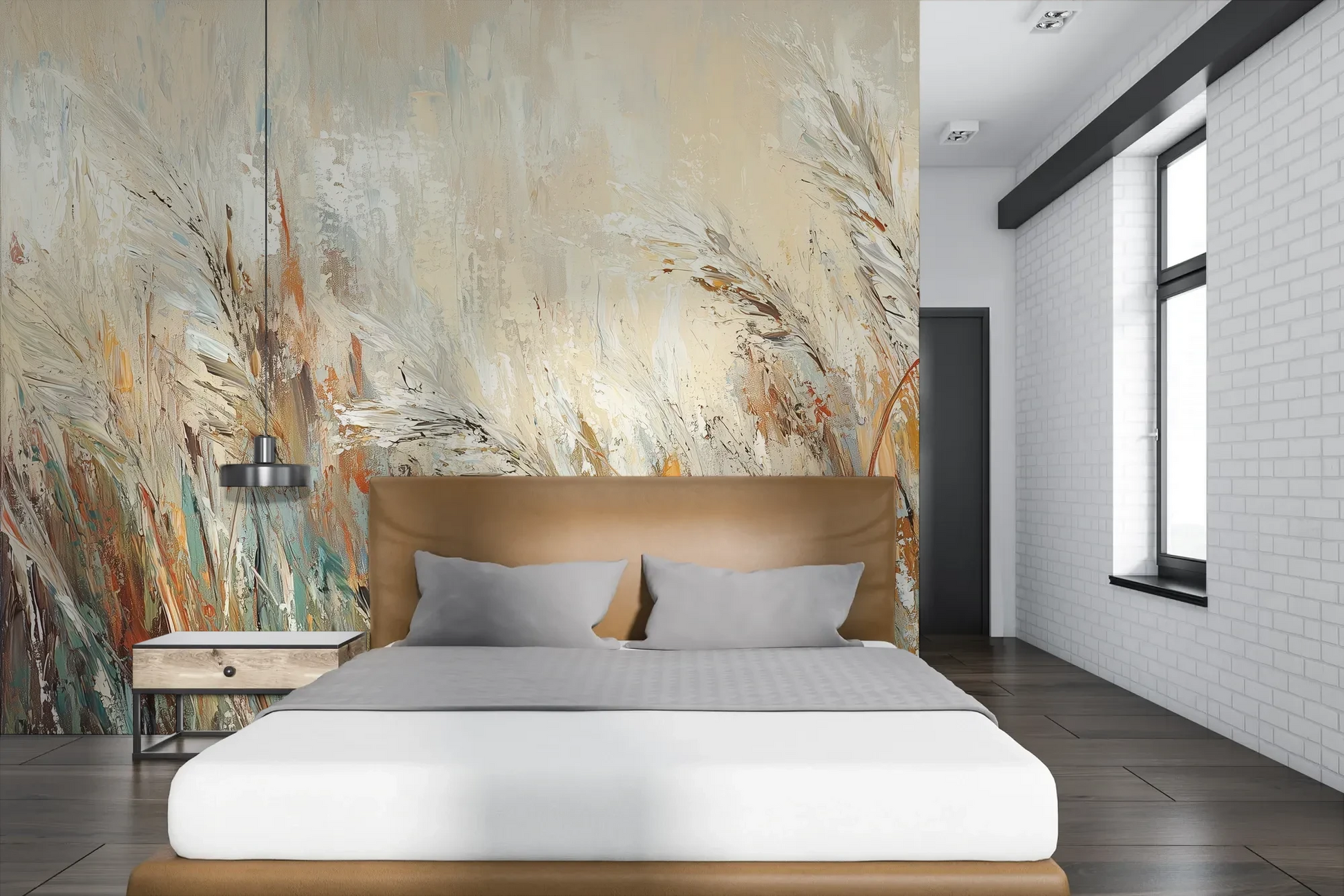 Wzór fototapety RUSTIC BALLET - tapeta z artystyczną abstrakcją traw w ciepłych odcieniach pokazanej w aranżacji sypialni.