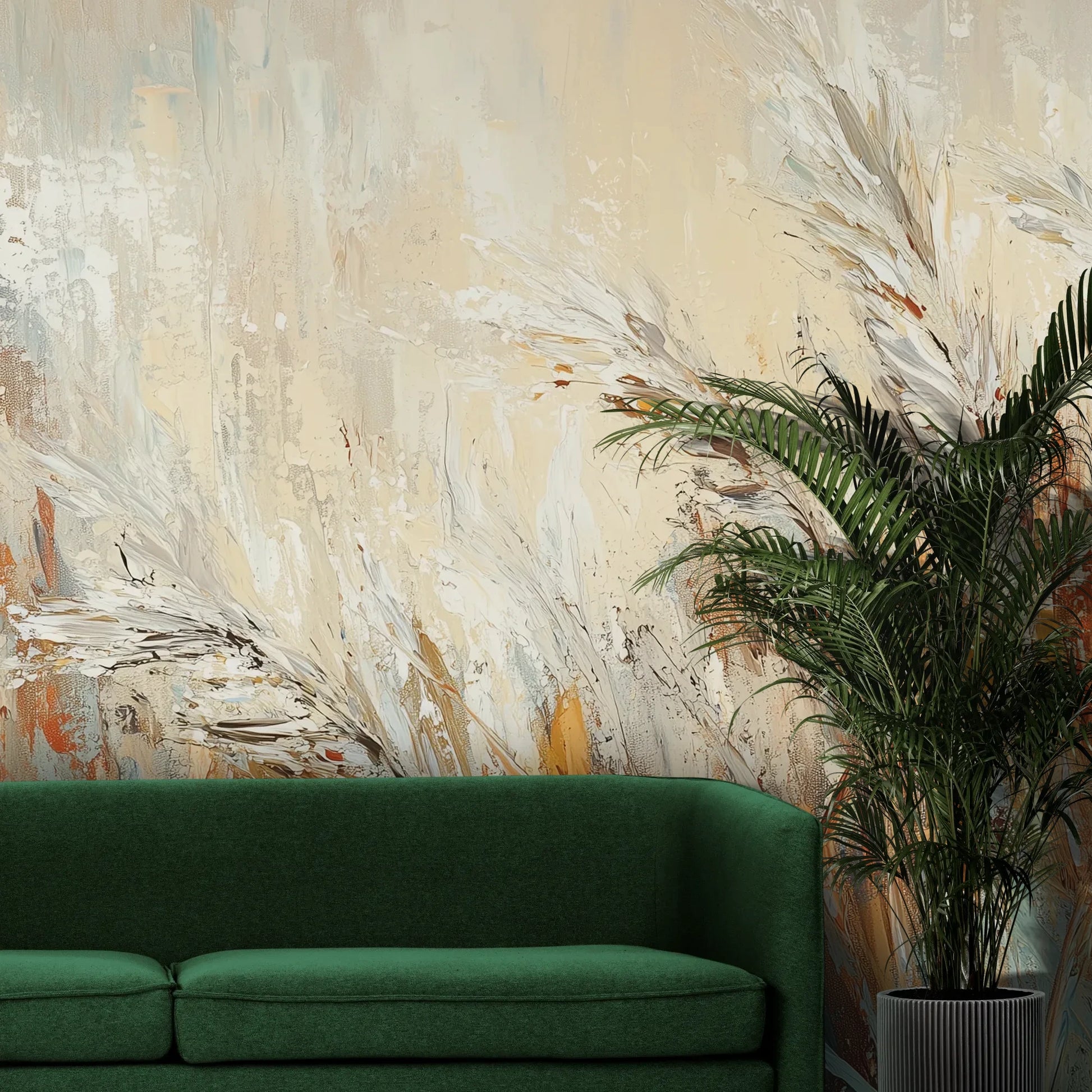 Fototapeta RUSTIC BALLET - tapeta z artystyczną abstrakcją traw w ciepłych odcieniach pokazana w aranżacji wnętrza z akcentem na ścianie.