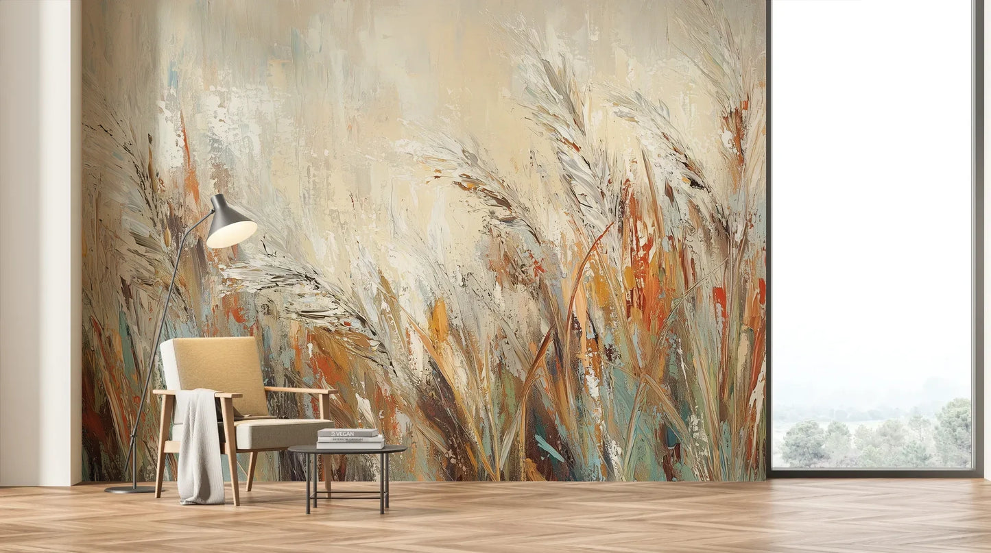 Wzór fototapety RUSTIC BALLET - tapeta z artystyczną abstrakcją traw w ciepłych odcieniach pokazanej w aranżacji salonu.