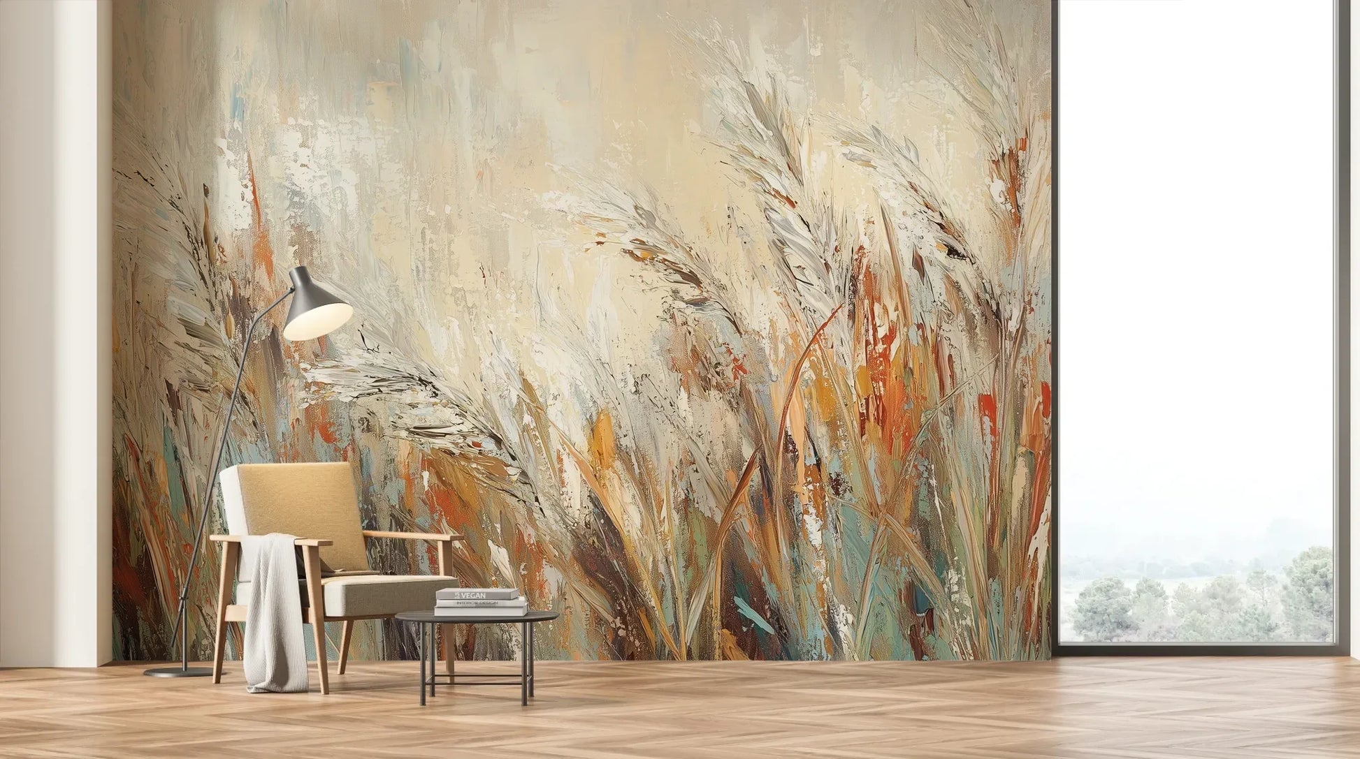 Wzór fototapety RUSTIC BALLET - tapeta z artystyczną abstrakcją traw w ciepłych odcieniach pokazanej w aranżacji salonu.