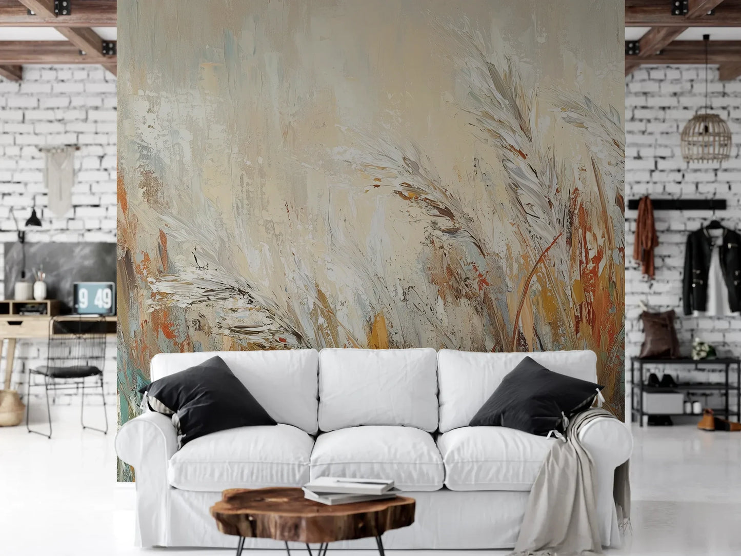 Wzór fototapety RUSTIC BALLET - tapeta z artystyczną abstrakcją traw w ciepłych odcieniach pokazanej w aranżacji salonu.