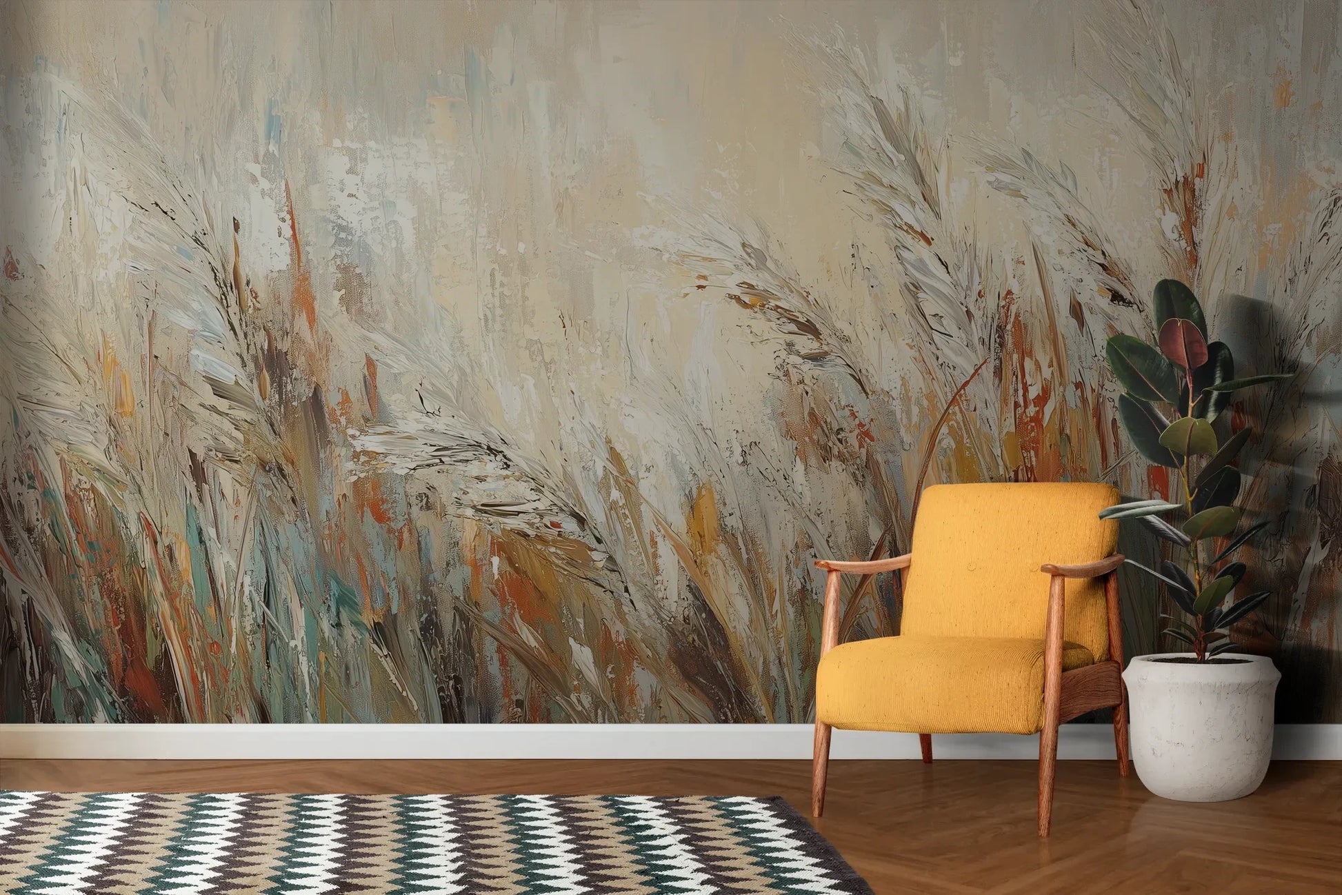 Wzór fototapety RUSTIC BALLET - tapeta z artystyczną abstrakcją traw w ciepłych odcieniach pokazanej w aranżacji salonu.