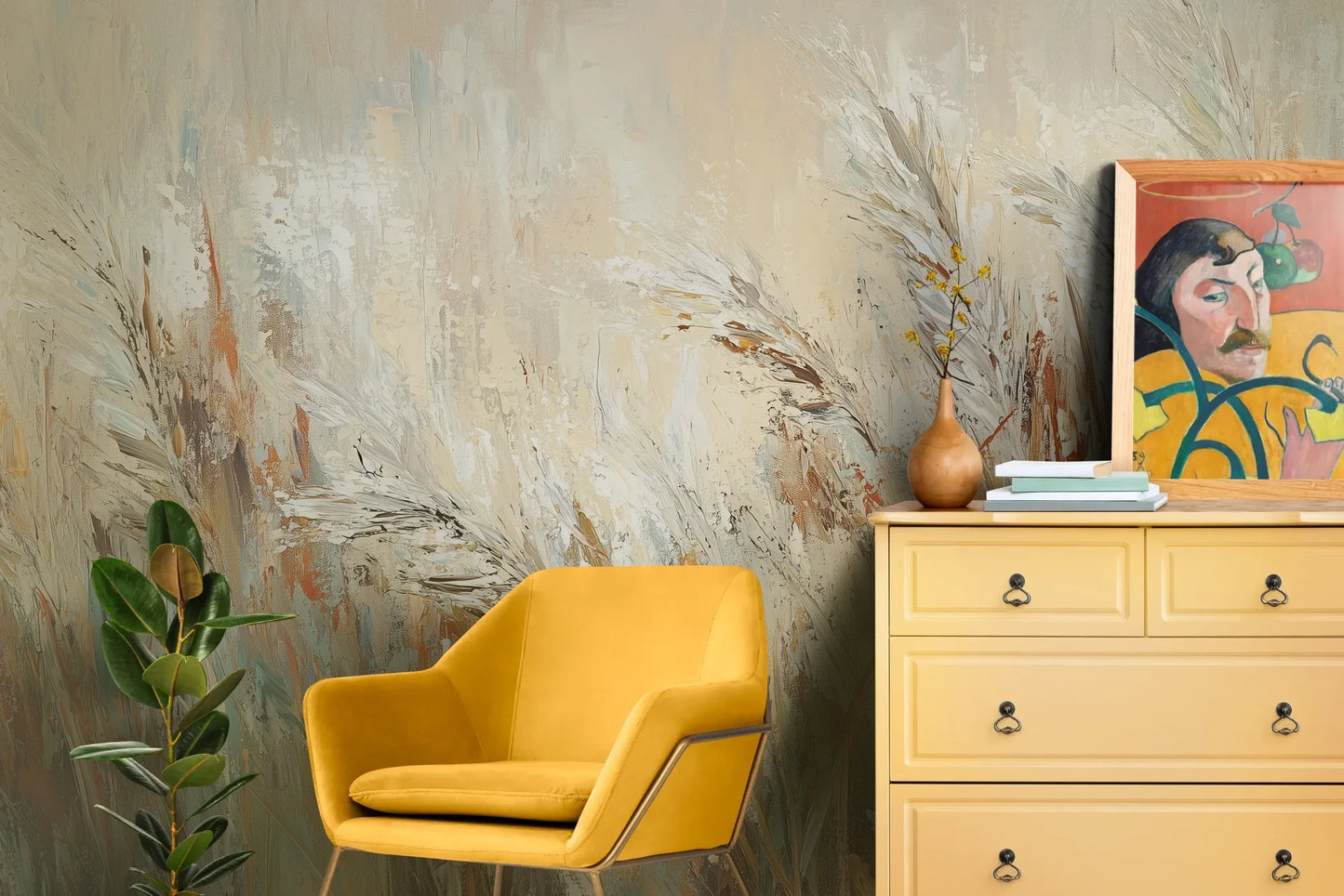 Wzór fototapety RUSTIC BALLET - tapeta z artystyczną abstrakcją traw w ciepłych odcieniach pokazanej w aranżacji salonu.