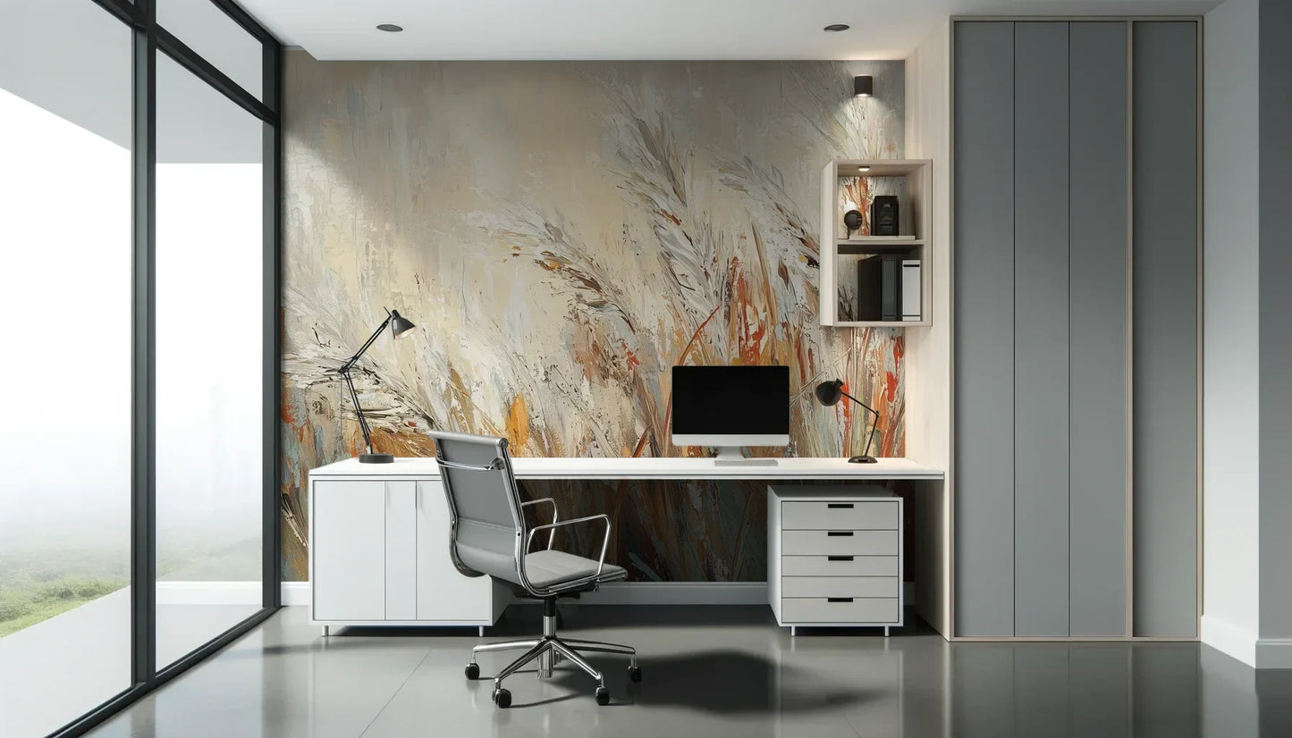 Fototapeta RUSTIC BALLET - tapeta z artystyczną abstrakcją traw w ciepłych odcieniach pokazana w aranżacji biura.