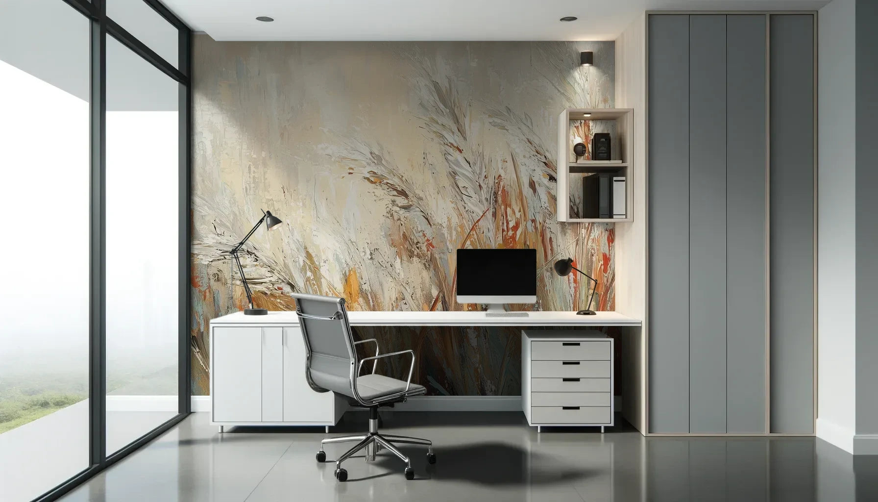 Fototapeta RUSTIC BALLET - tapeta z artystyczną abstrakcją traw w ciepłych odcieniach pokazana w aranżacji biura.