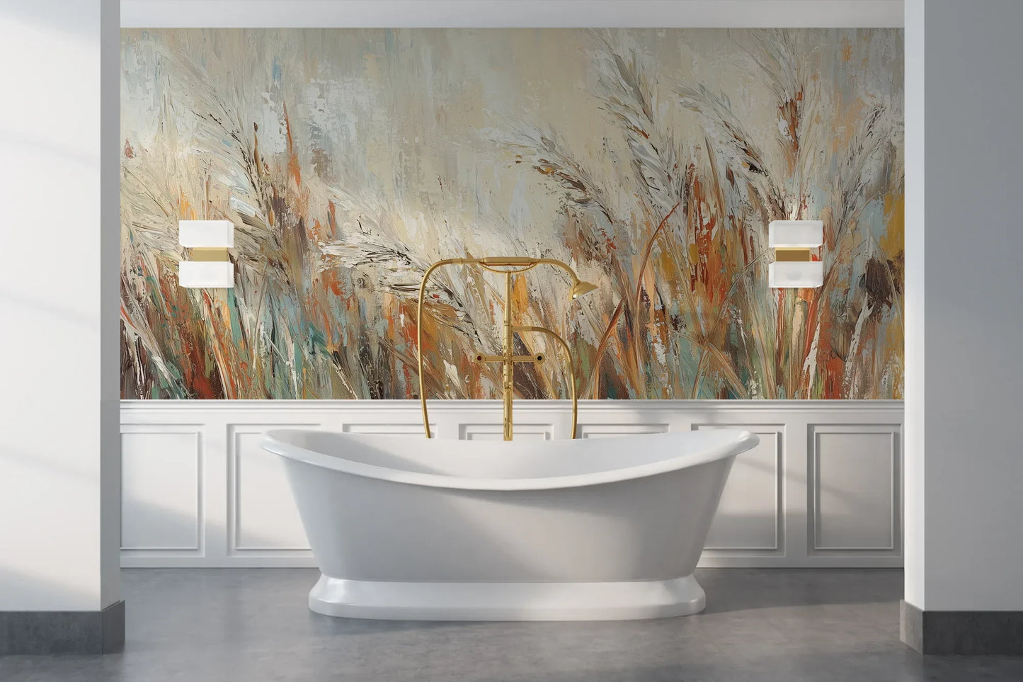 Wzór fototapety RUSTIC BALLET - tapeta z artystyczną abstrakcją traw w ciepłych odcieniach pokazanej w aranżacji łazienki.