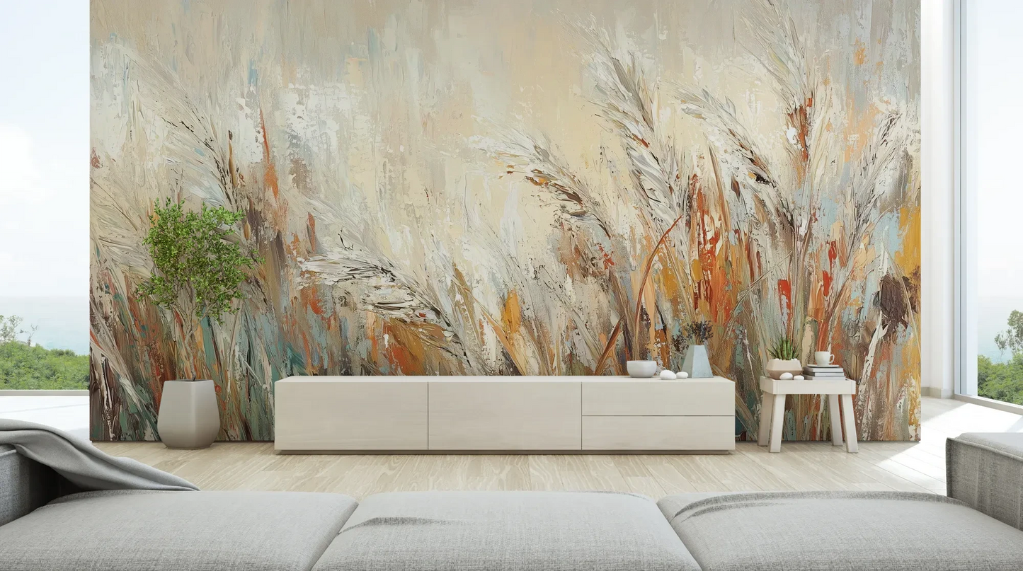 Wzór fototapety RUSTIC BALLET - tapeta z artystyczną abstrakcją traw w ciepłych odcieniach pokazanej w aranżacji salonu.