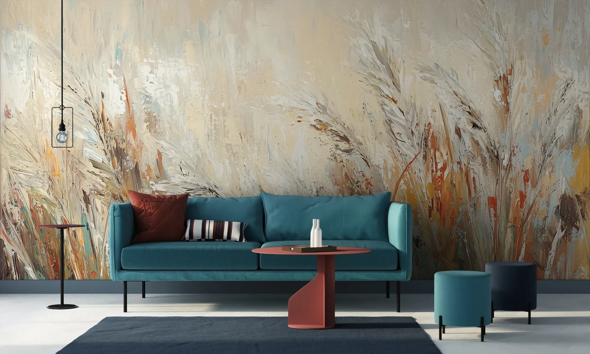 Wzór fototapety RUSTIC BALLET - tapeta z artystyczną abstrakcją traw w ciepłych odcieniach pokazanej w aranżacji salonu.