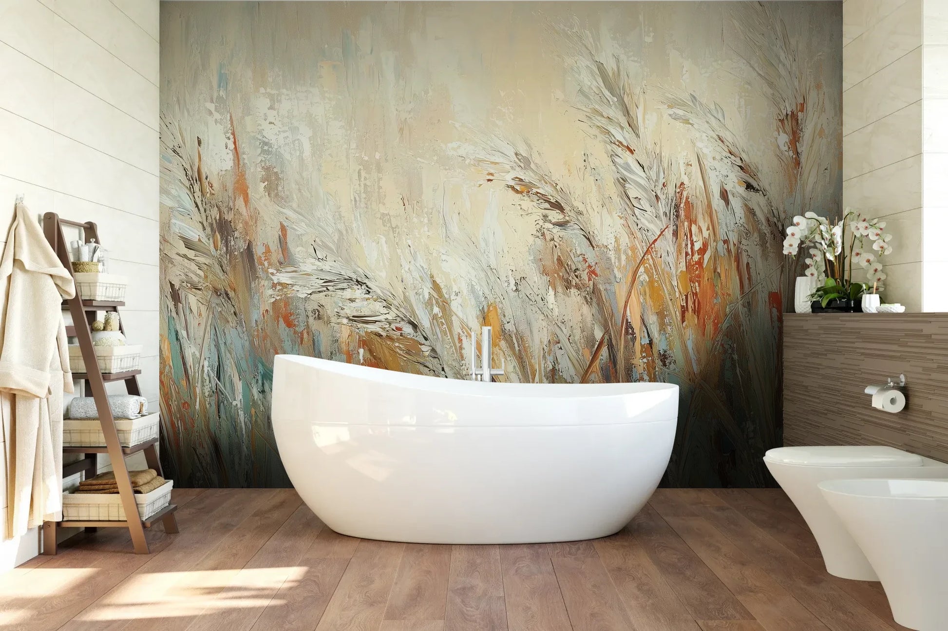Wzór fototapety RUSTIC BALLET - tapeta z artystyczną abstrakcją traw w ciepłych odcieniach pokazanej w aranżacji łazienki.