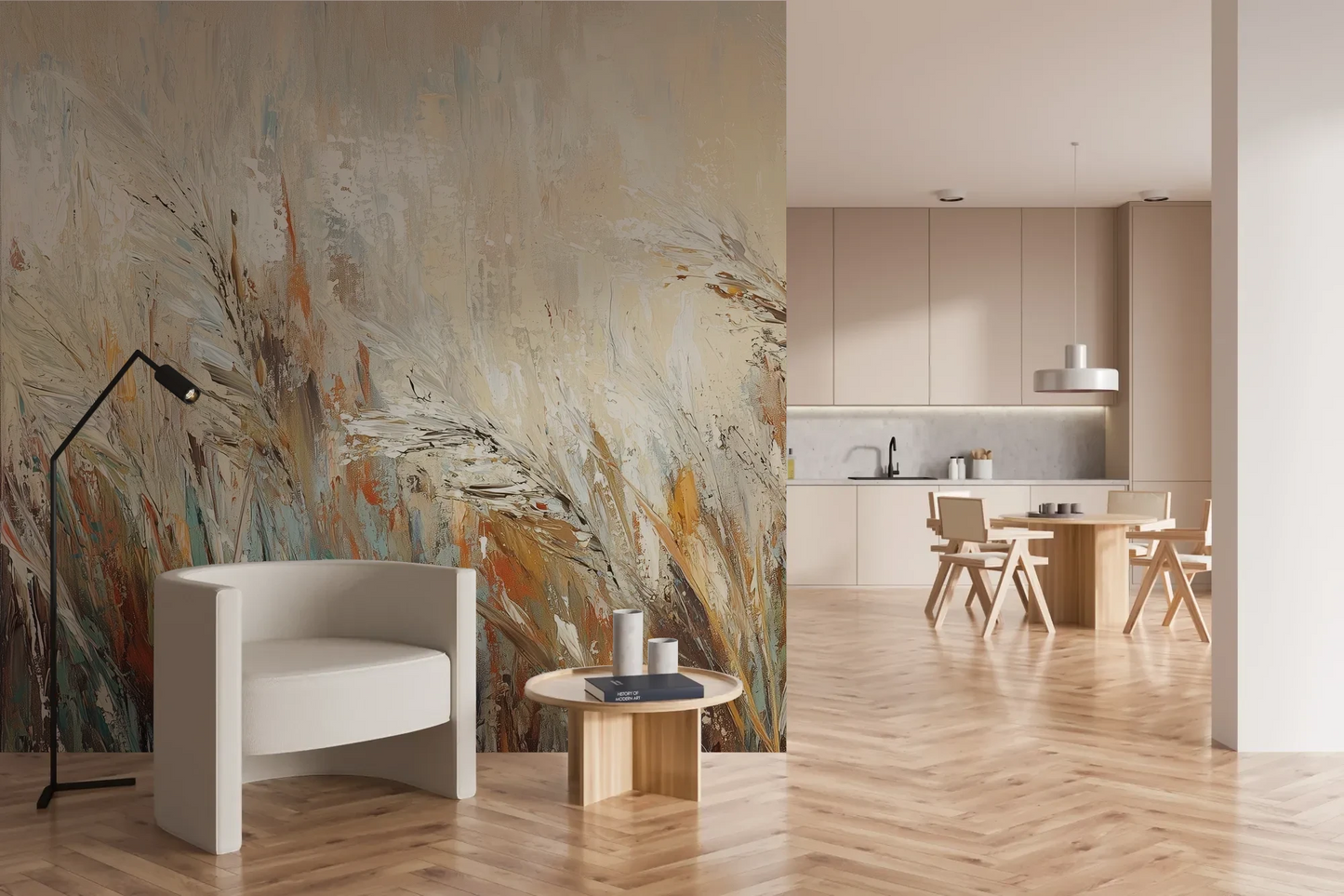 Wzór fototapety RUSTIC BALLET - tapeta z artystyczną abstrakcją traw w ciepłych odcieniach pokazanej w aranżacji kuchni.