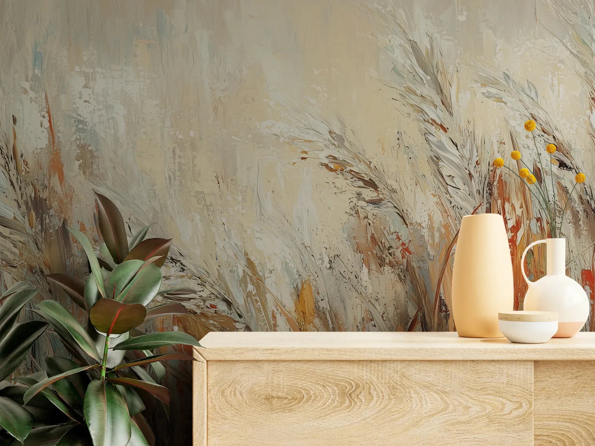 Fototapeta RUSTIC BALLET - tapeta z artystyczną abstrakcją traw w ciepłych odcieniach pokazana w aranżacji wnętrza z akcentem na ścianie.