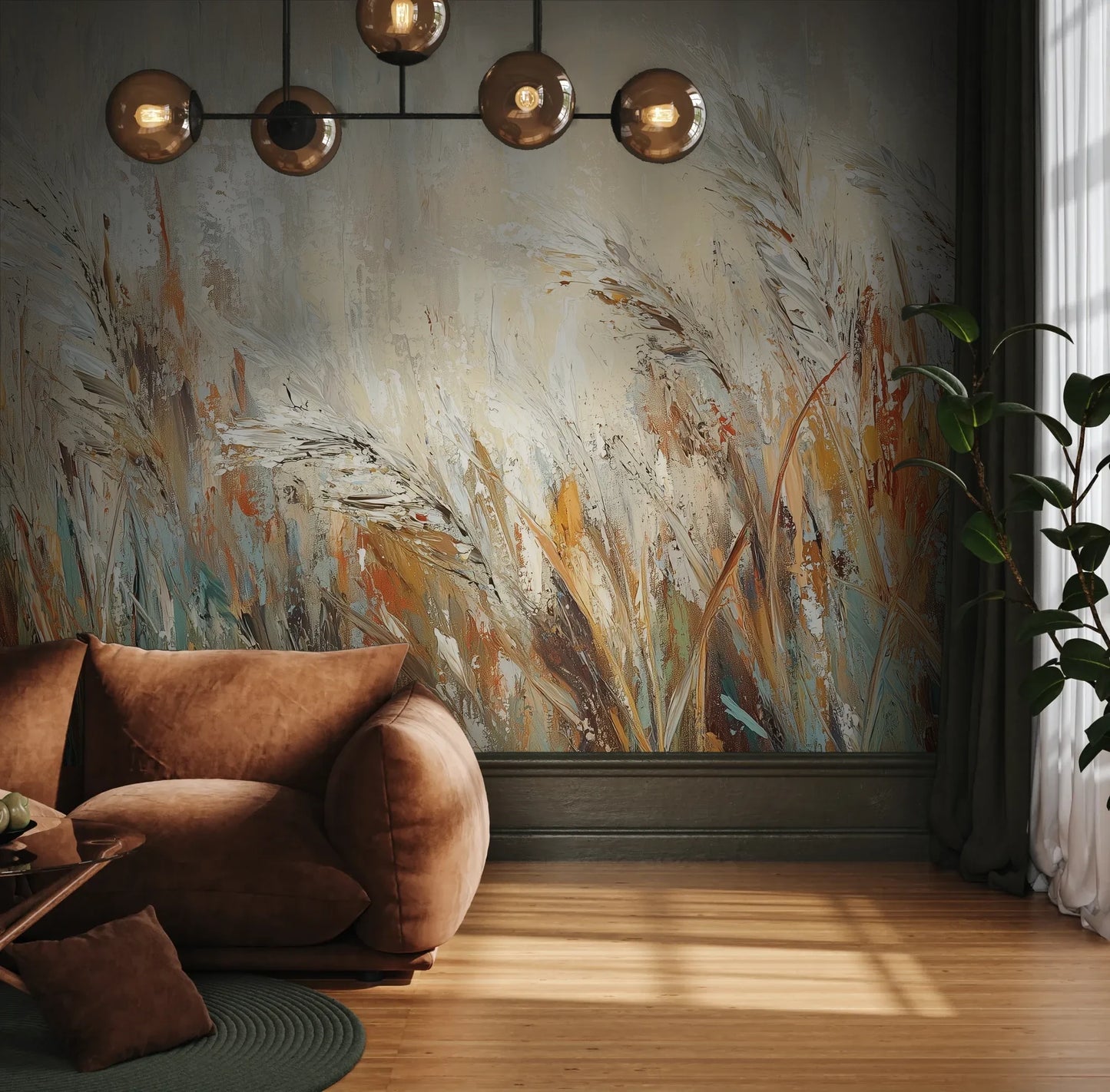 Fototapeta RUSTIC BALLET - tapeta z artystyczną abstrakcją traw w ciepłych odcieniach pokazana w aranżacji wnętrza z akcentem na ścianie.