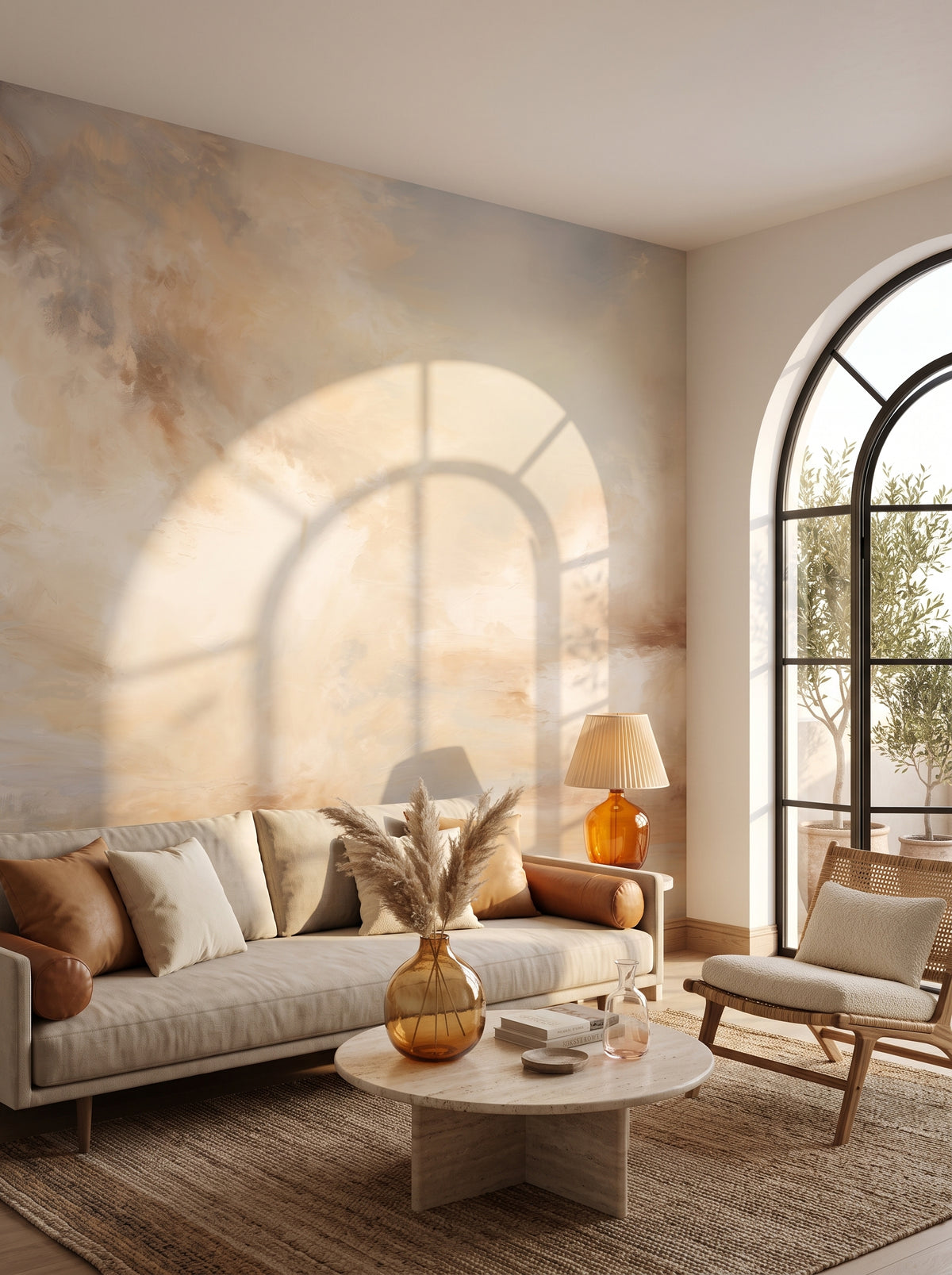 Fototapeta artystyczna o nazwie DAWN WHISPER CLOUDS w aranżacji wnętrza: salon w stylu wyrafinowanego boho z tarasem.
