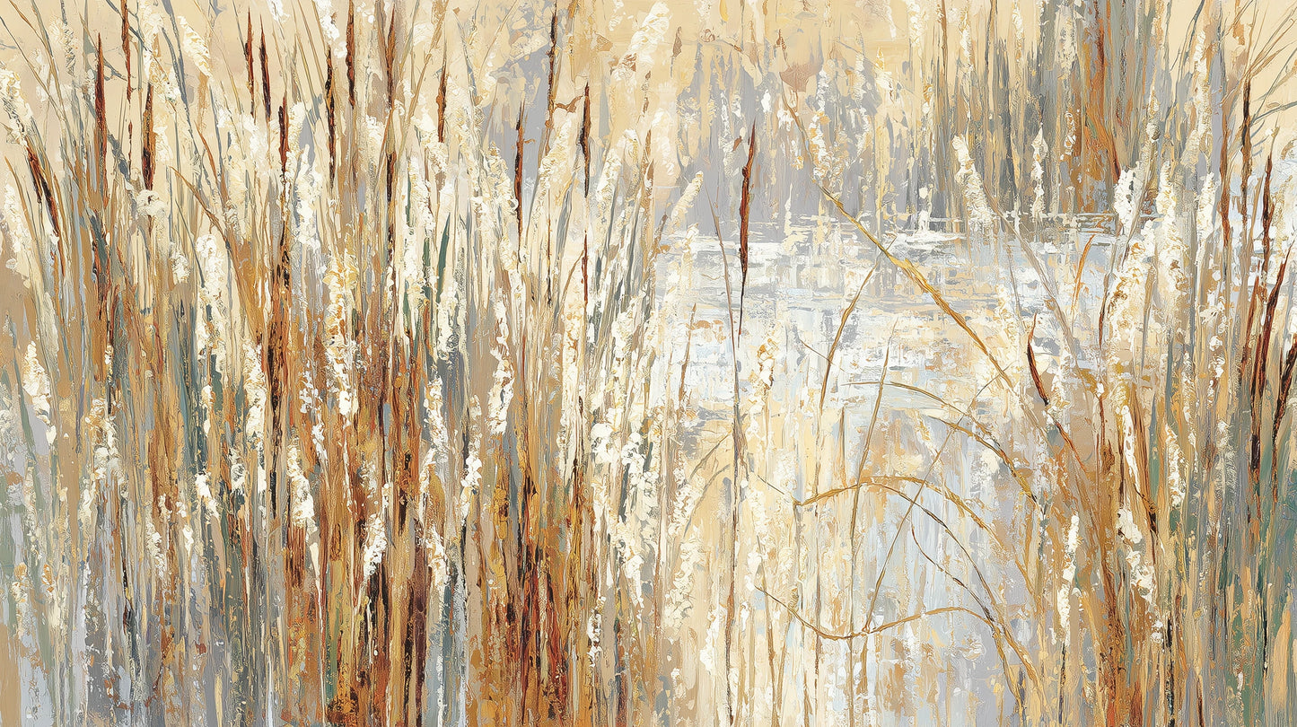 Prezentacja całego wzoru fototapety o nazwie RUSTIC CANVAS - tapeta z beżowymi źdźbłami traw na jasnym tle