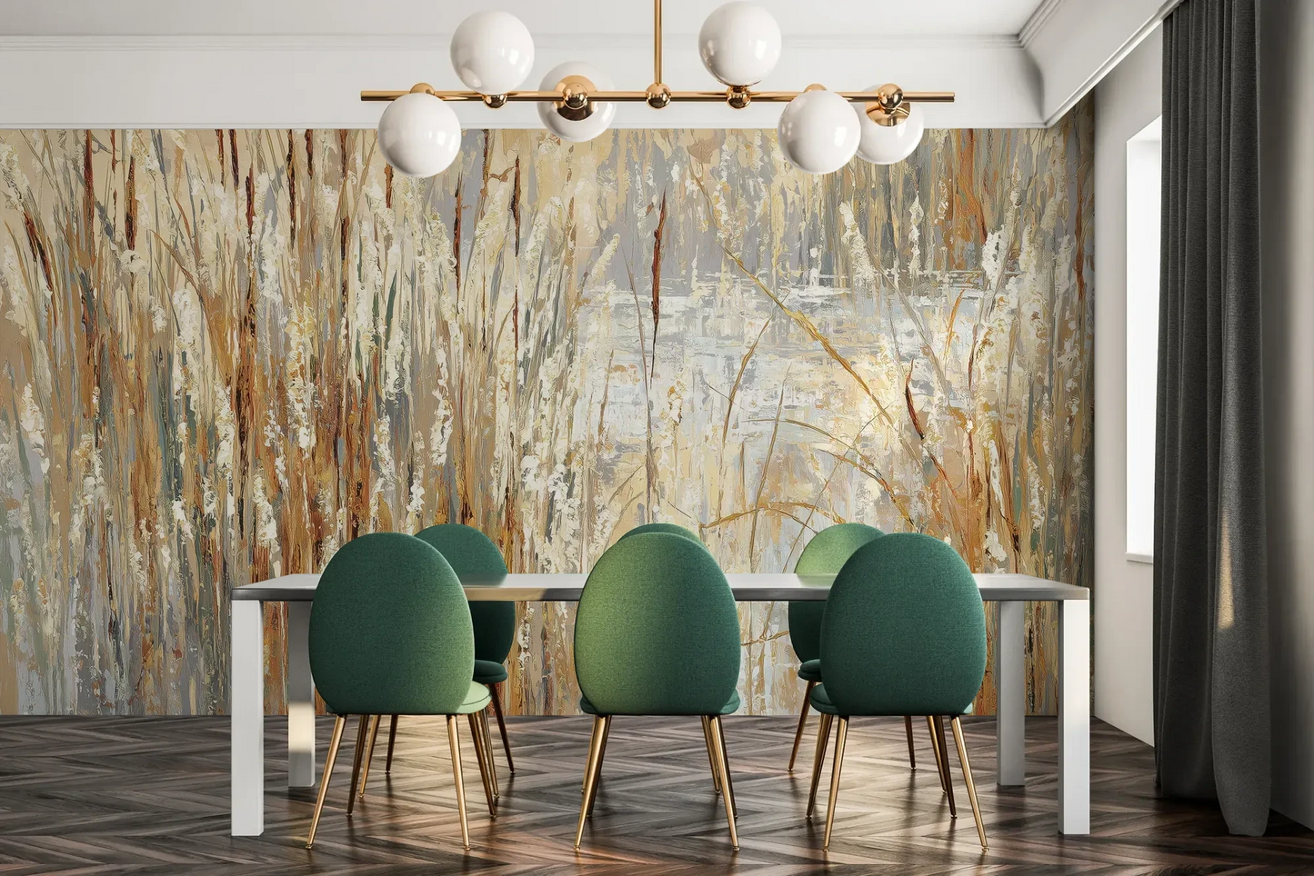 Fototapeta RUSTIC CANVAS - tapeta z beżowymi źdźbłami traw na jasnym tle pokazana w aranżacji jadalni.