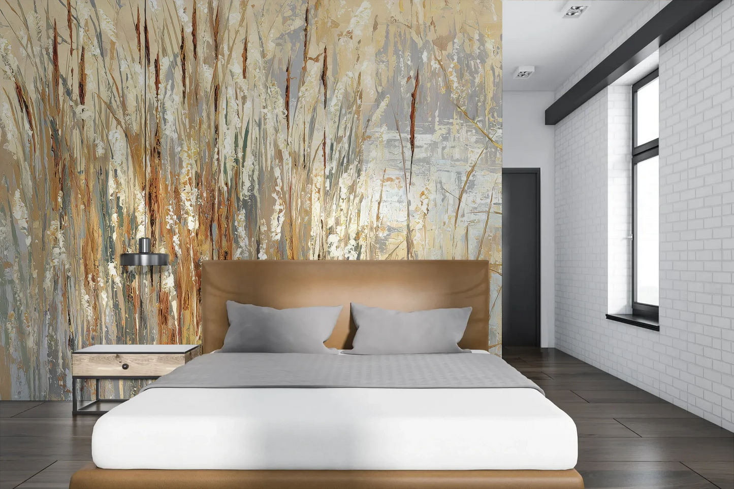 Wzór fototapety RUSTIC CANVAS - tapeta z beżowymi źdźbłami traw na jasnym tle pokazanej w aranżacji sypialni.