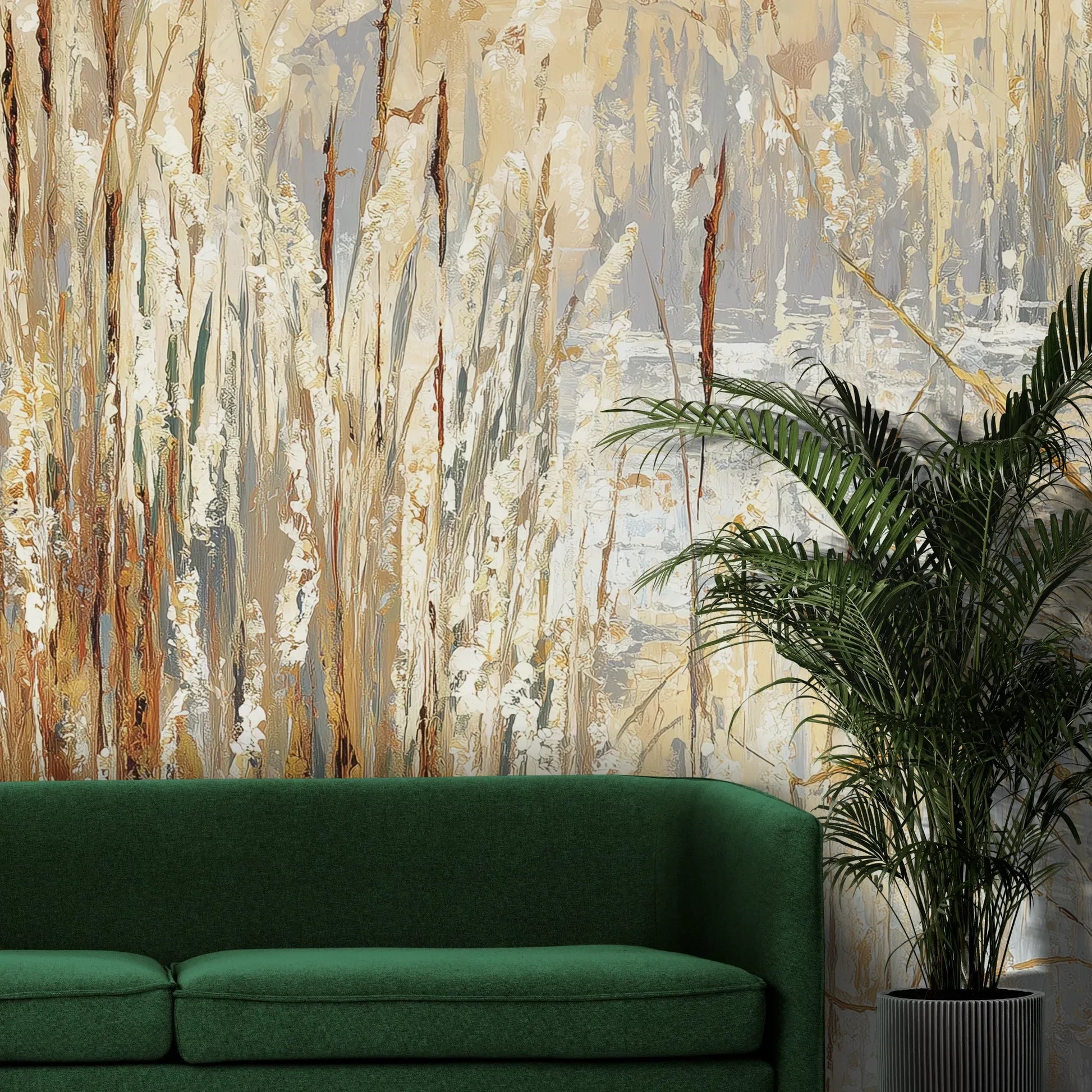 Fototapeta RUSTIC CANVAS - tapeta z beżowymi źdźbłami traw na jasnym tle pokazana w aranżacji wnętrza z akcentem na ścianie.