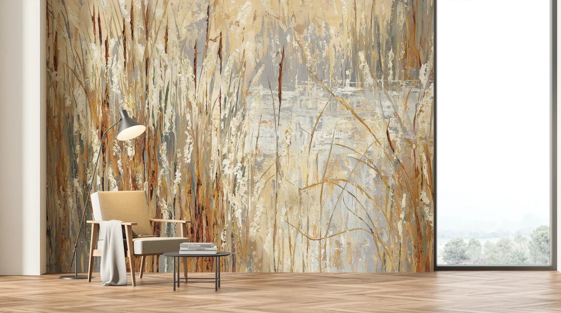 Wzór fototapety RUSTIC CANVAS - tapeta z beżowymi źdźbłami traw na jasnym tle pokazanej w aranżacji salonu.