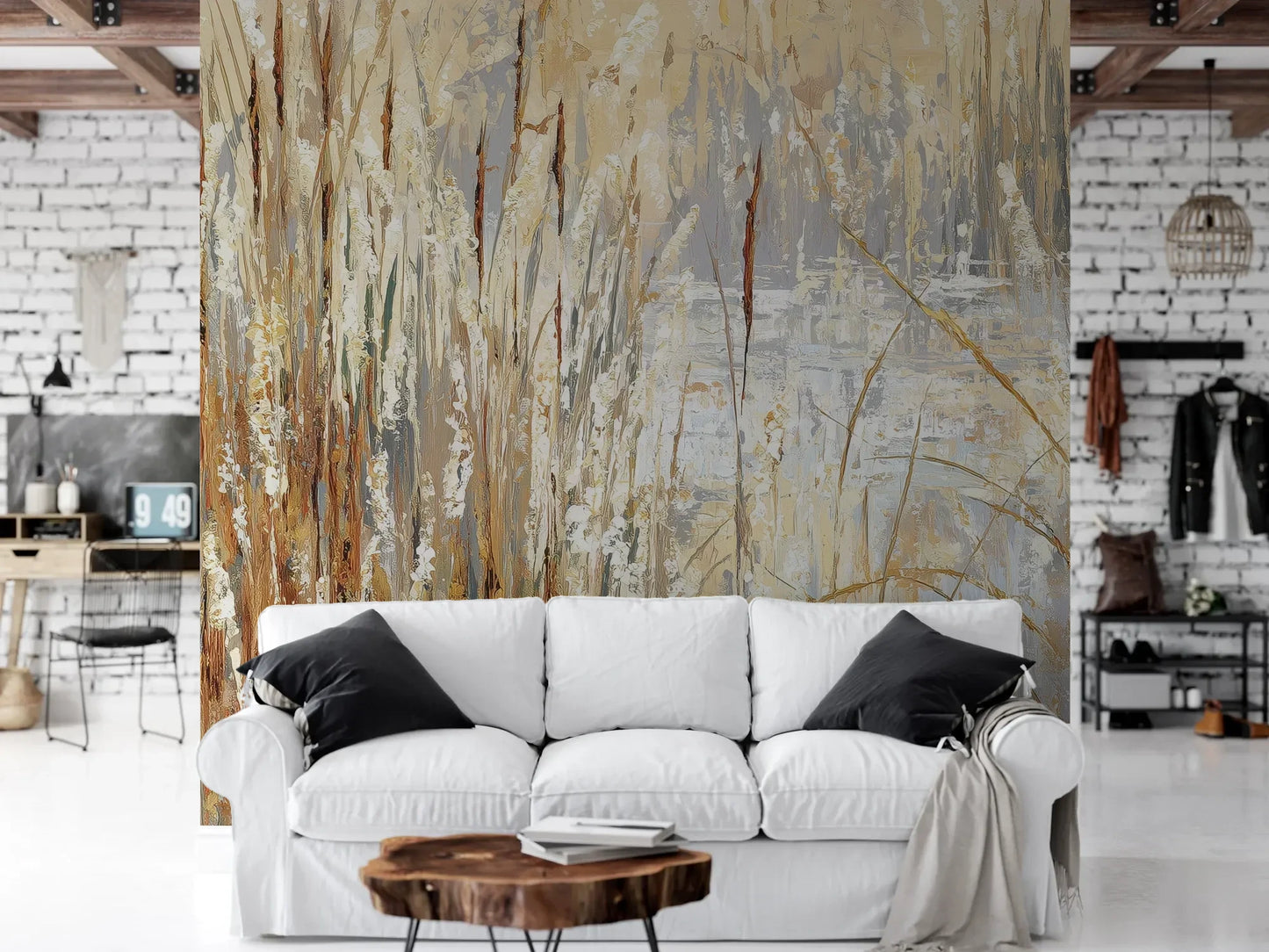 Wzór fototapety RUSTIC CANVAS - tapeta z beżowymi źdźbłami traw na jasnym tle pokazanej w aranżacji salonu.