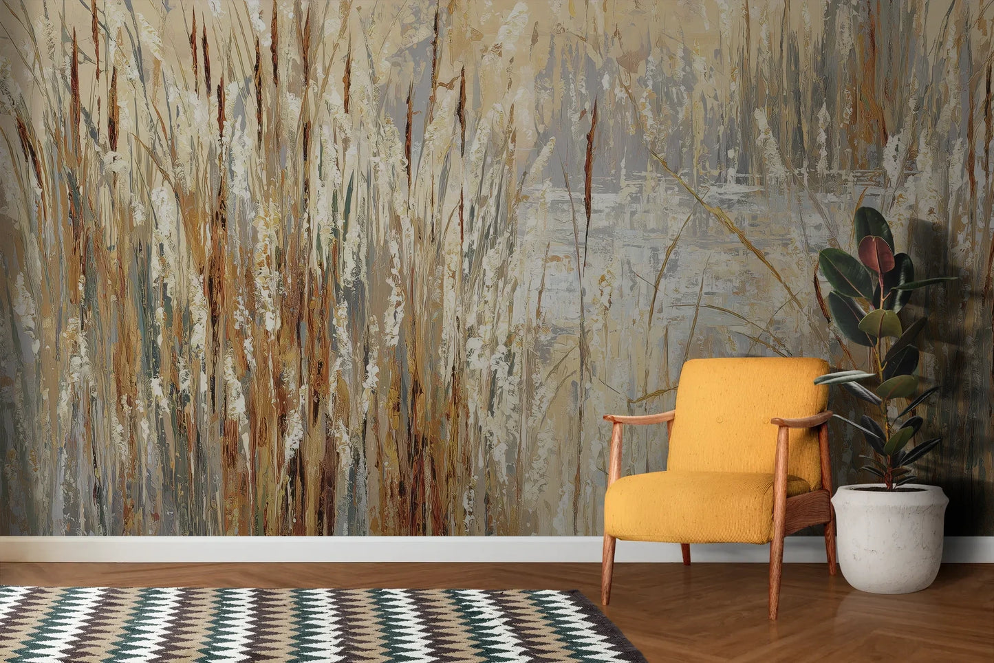 Wzór fototapety RUSTIC CANVAS - tapeta z beżowymi źdźbłami traw na jasnym tle pokazanej w aranżacji salonu.