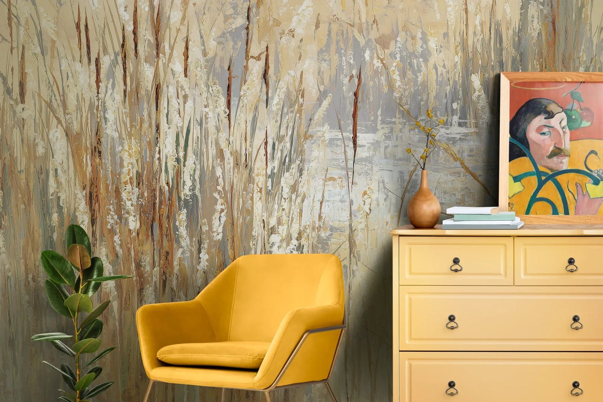 Wzór fototapety RUSTIC CANVAS - tapeta z beżowymi źdźbłami traw na jasnym tle pokazanej w aranżacji salonu.