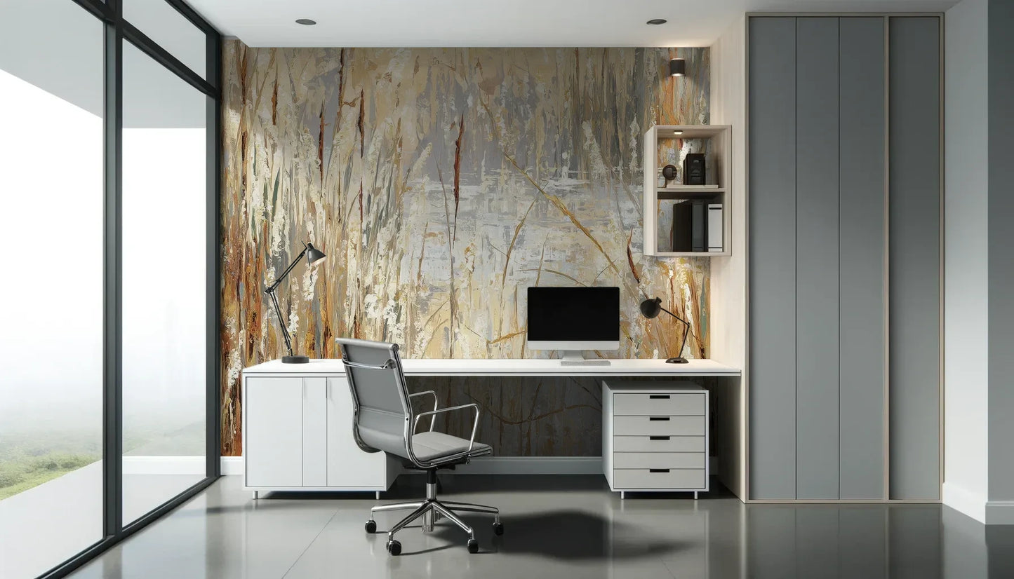 Fototapeta RUSTIC CANVAS - tapeta z beżowymi źdźbłami traw na jasnym tle pokazana w aranżacji biura.