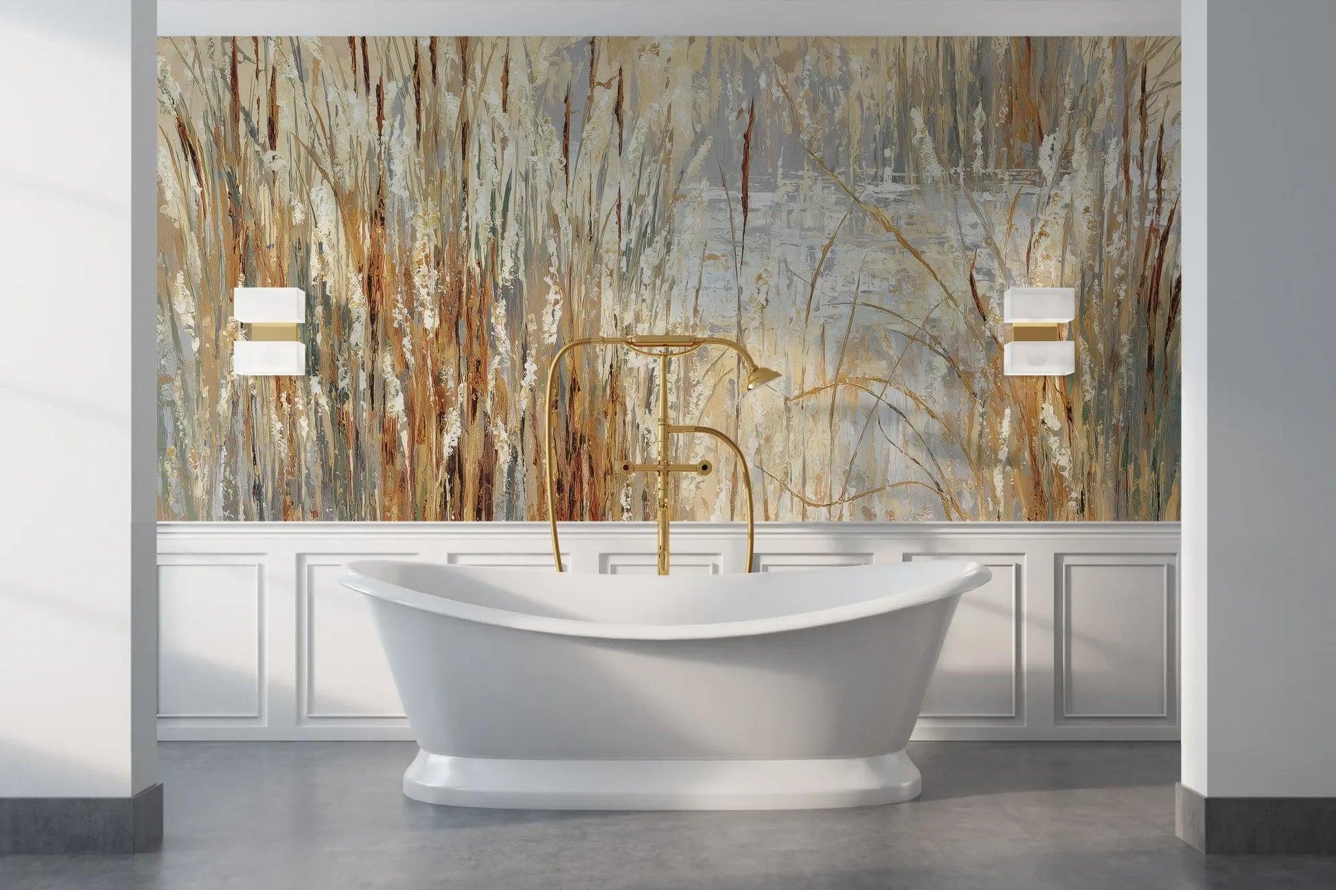 Wzór fototapety RUSTIC CANVAS - tapeta z beżowymi źdźbłami traw na jasnym tle pokazanej w aranżacji łazienki.