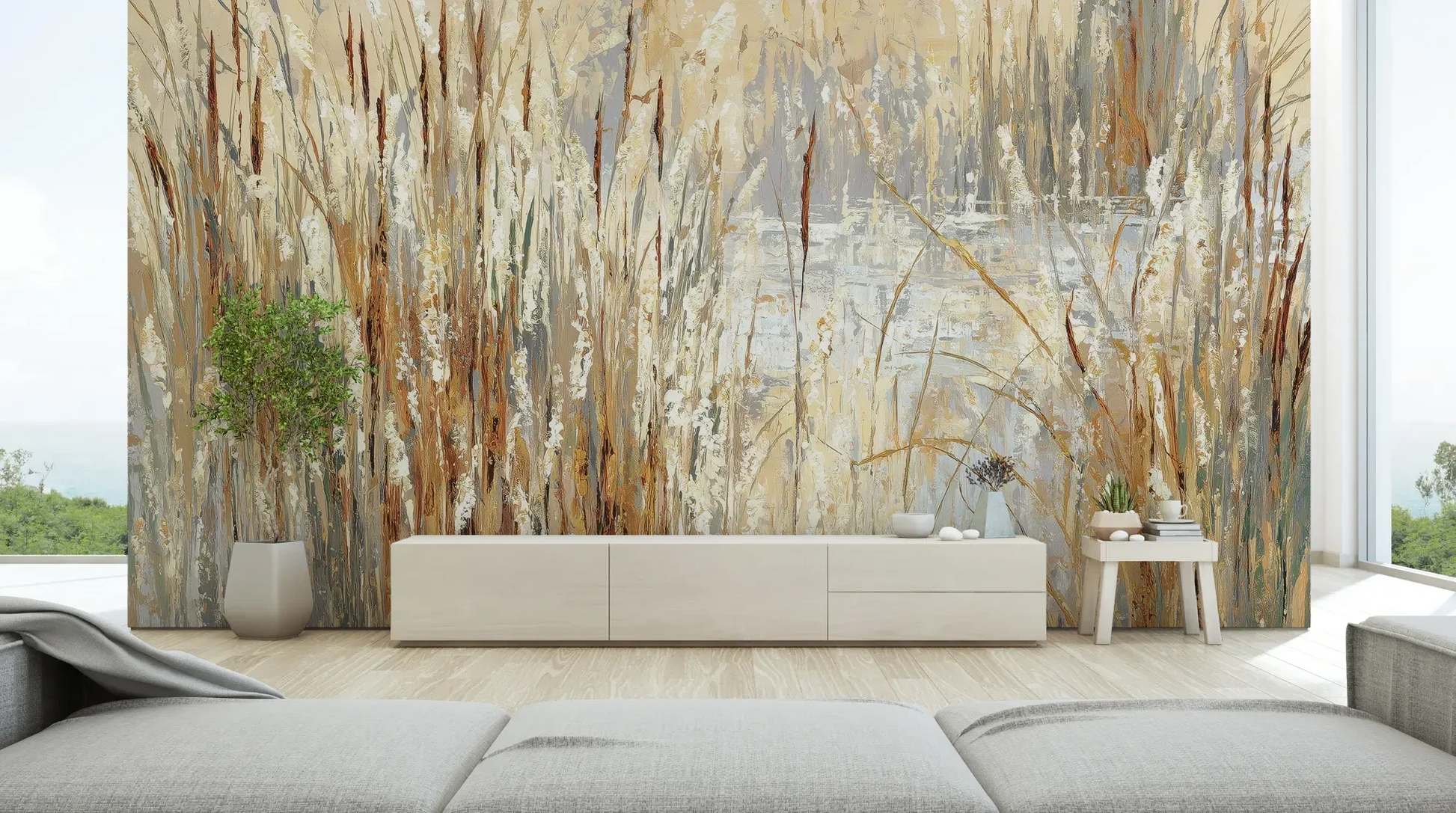 Wzór fototapety RUSTIC CANVAS - tapeta z beżowymi źdźbłami traw na jasnym tle pokazanej w aranżacji salonu.